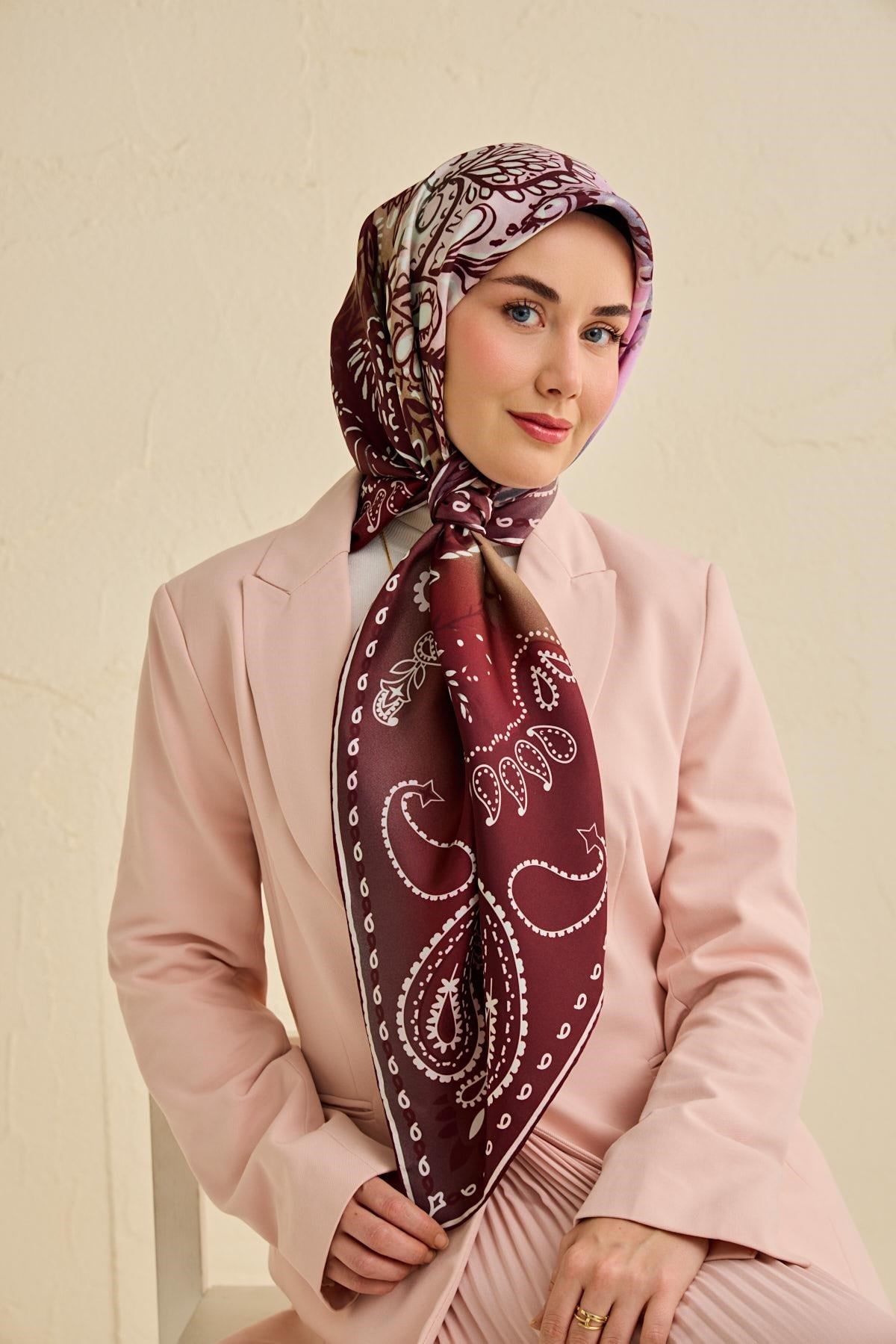Twill İpek Eşarp Klasik Motif Bordo 90x90