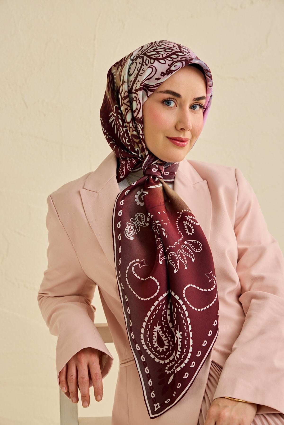Twill İpek Eşarp Klasik Motif Bordo 90x90