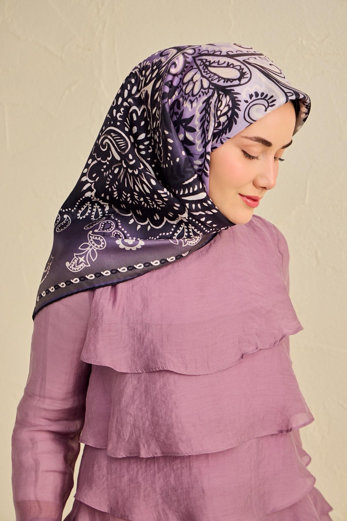 Twill İpek Eşarp Klasik Motif Eflatun 90x90