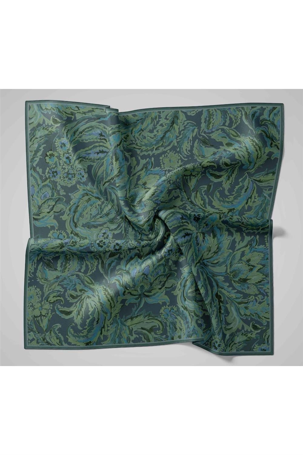 Twill İpek Eşarp Koyu Lacivert-Sisli Yeşil Desenli Tok Duruşlu 90x90