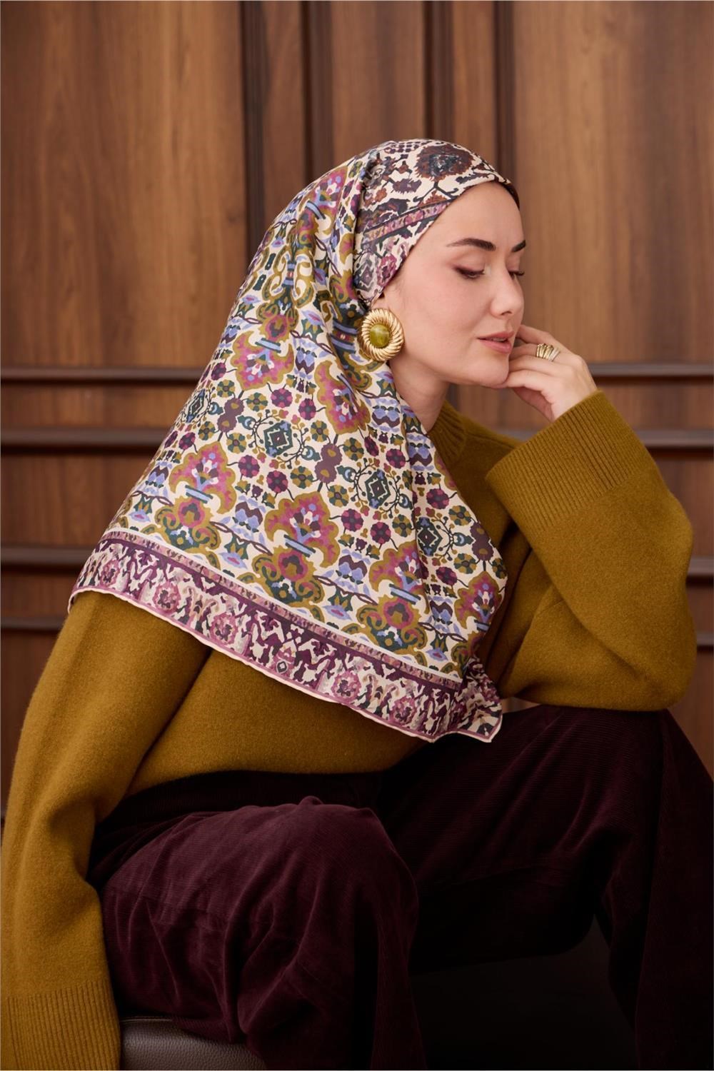 Twill İpek Eşarp Koyu Mor-Bebe Mavi Desenli Tok Duruşlu 90x90