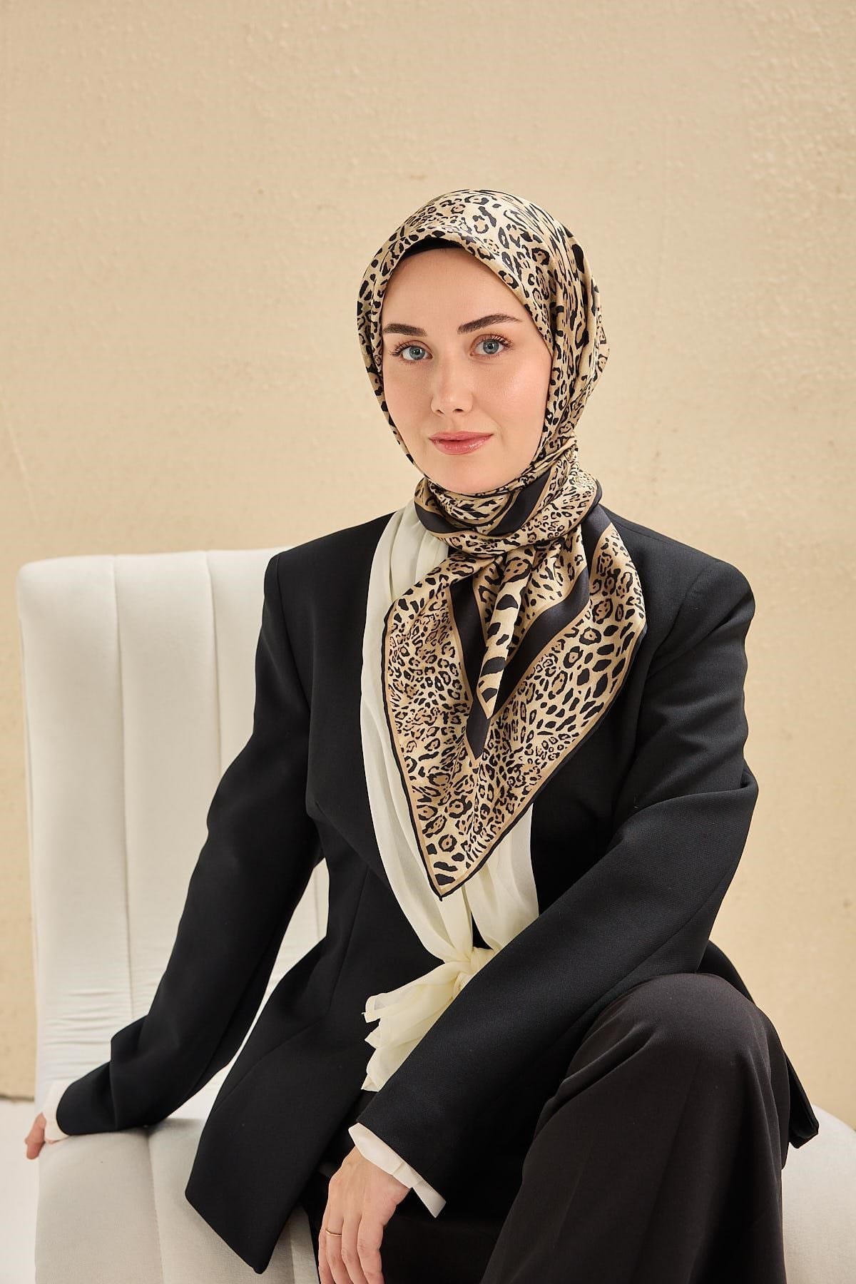 Twill İpek Eşarp Leopar Bej 90x90