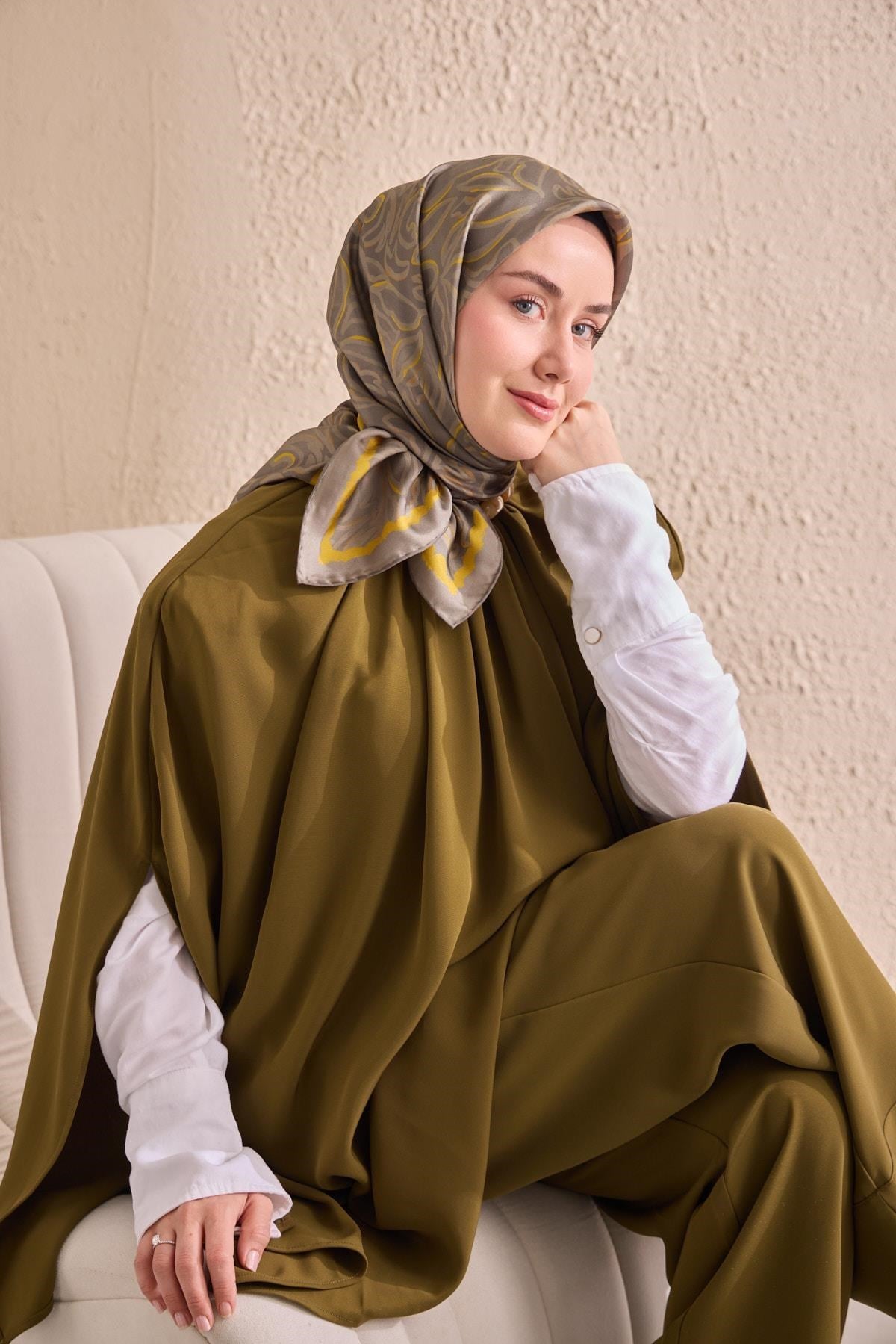 Twill İpek Eşarp Line Yeşil Gri