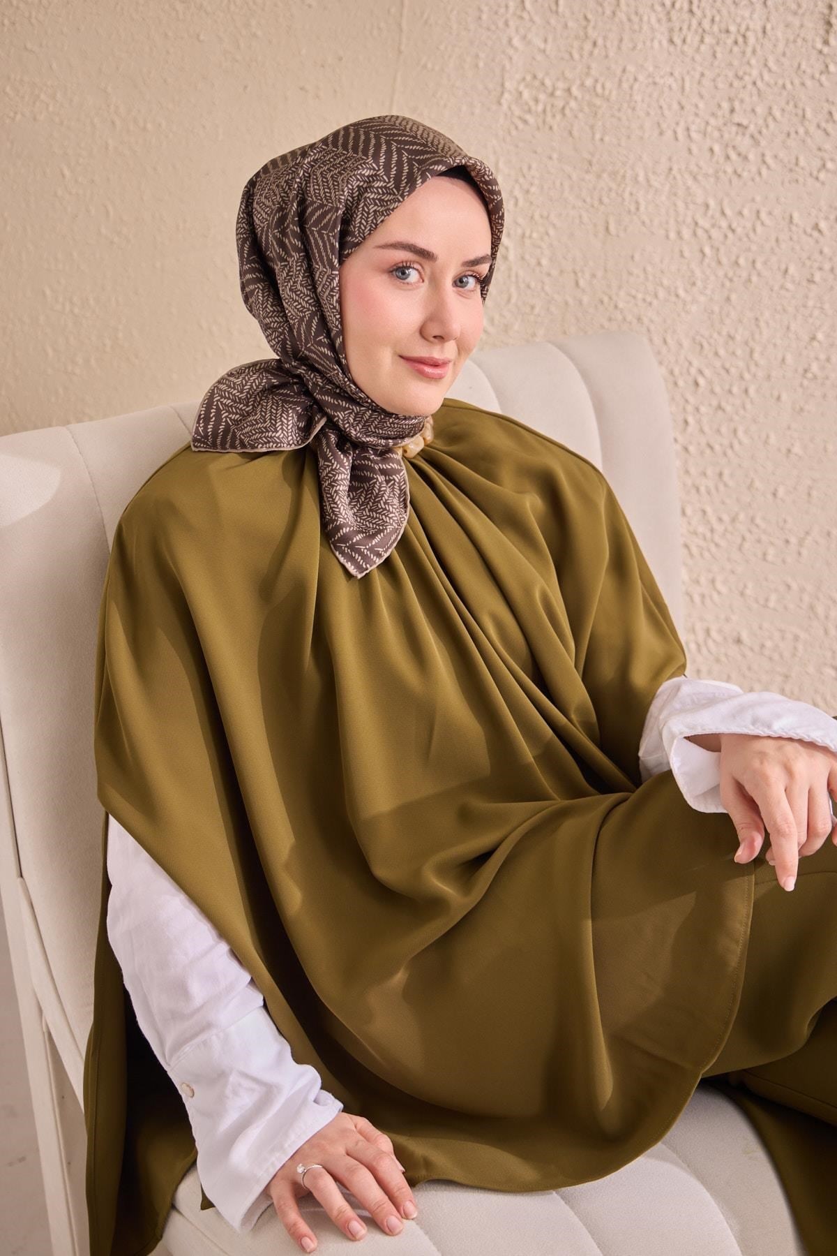 Twill İpek Eşarp Minimal Desen Acı Kahve 90x90