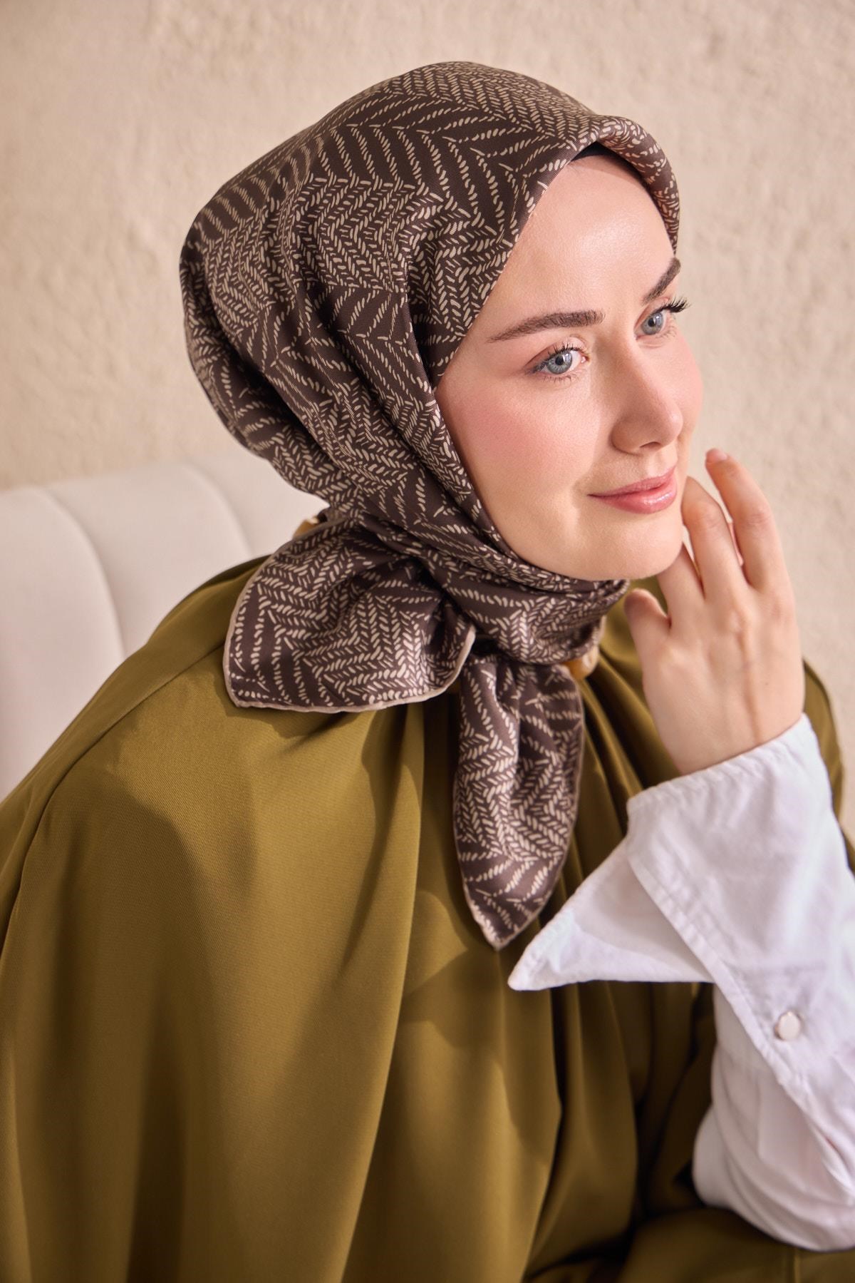 Twill İpek Eşarp Minimal Desen Acı Kahve 90x90