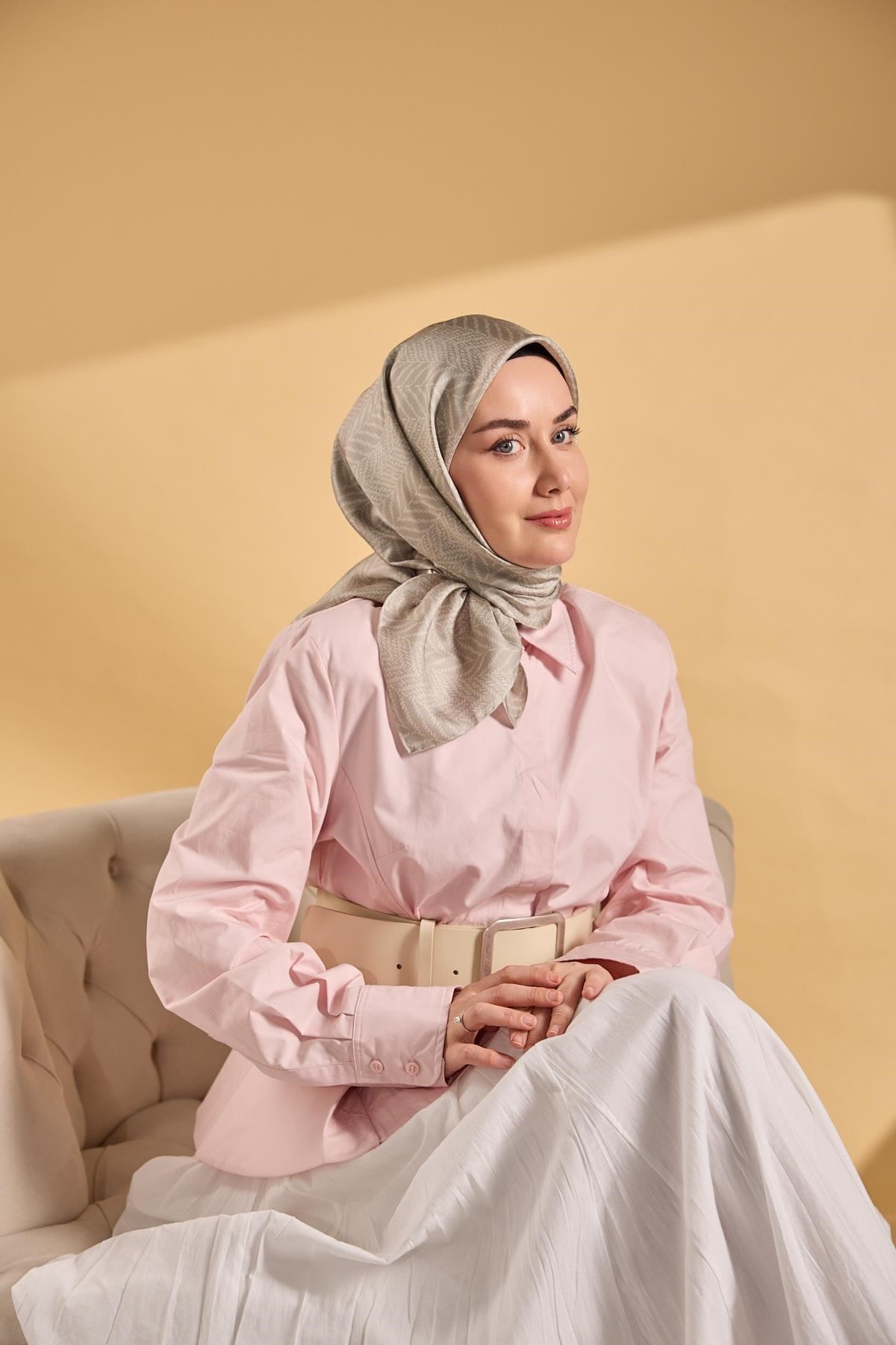 Twill İpek Eşarp Minimal Desen Gri 90x90