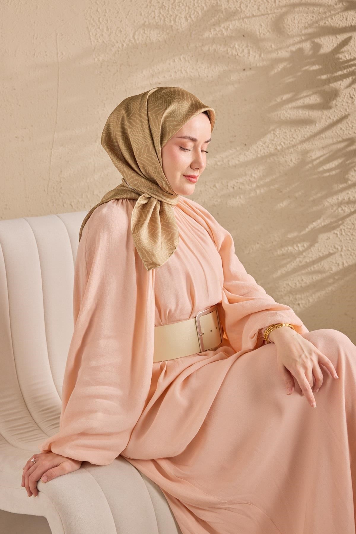 Twill İpek Eşarp Minimal Desen Yeşil Bej 90x90