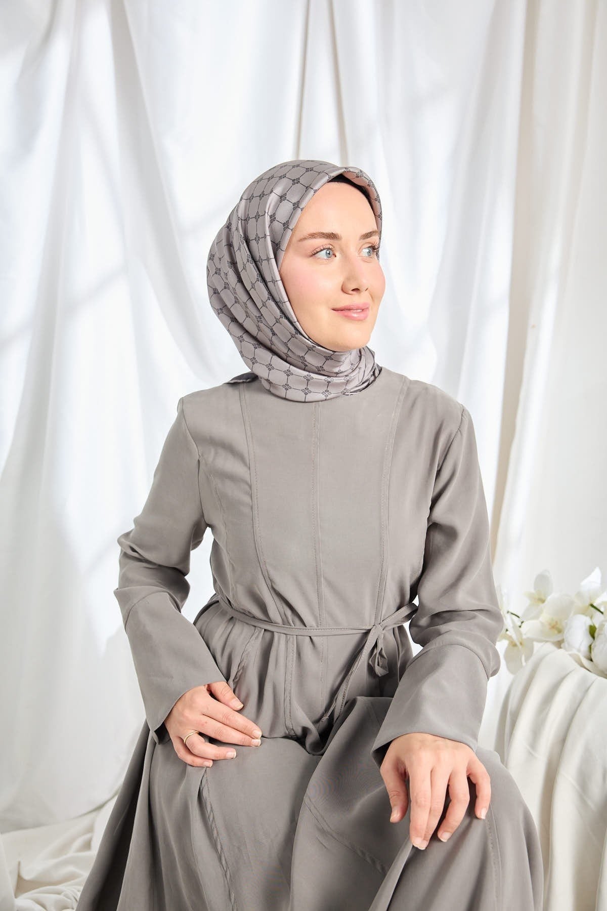 Twill İpek Eşarp Monogram Koyu Gri