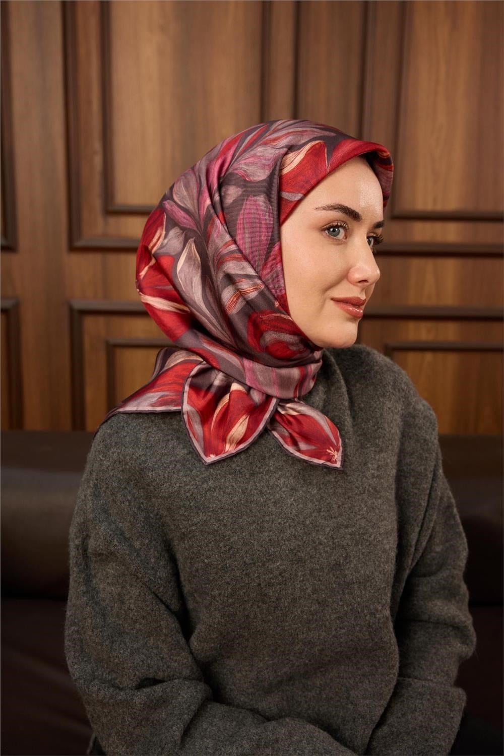 Twill İpek Eşarp Mor-Pastel Mor-Kızıl Turuncu-Pembe Desenli Tok Duruşlu 90x90