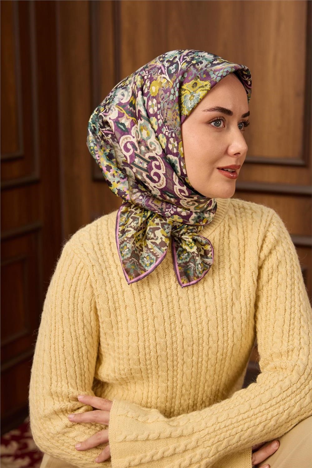 Twill İpek Eşarp Mürdüm-Butter Yellow Desenli Tok Duruşlu 90x90