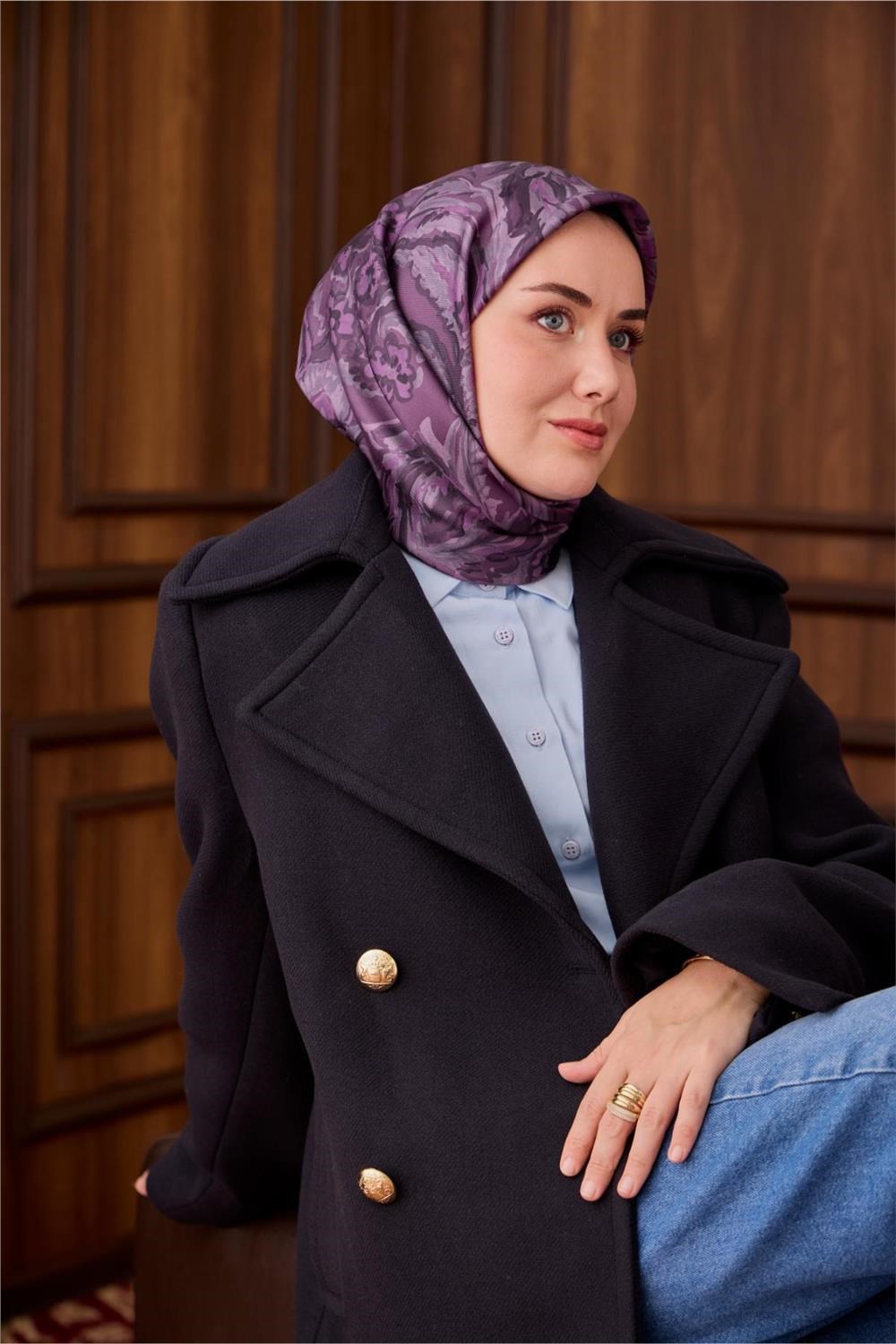 Twill İpek Eşarp Mürdüm-Pudra Desenli Tok Duruşlu 90x90