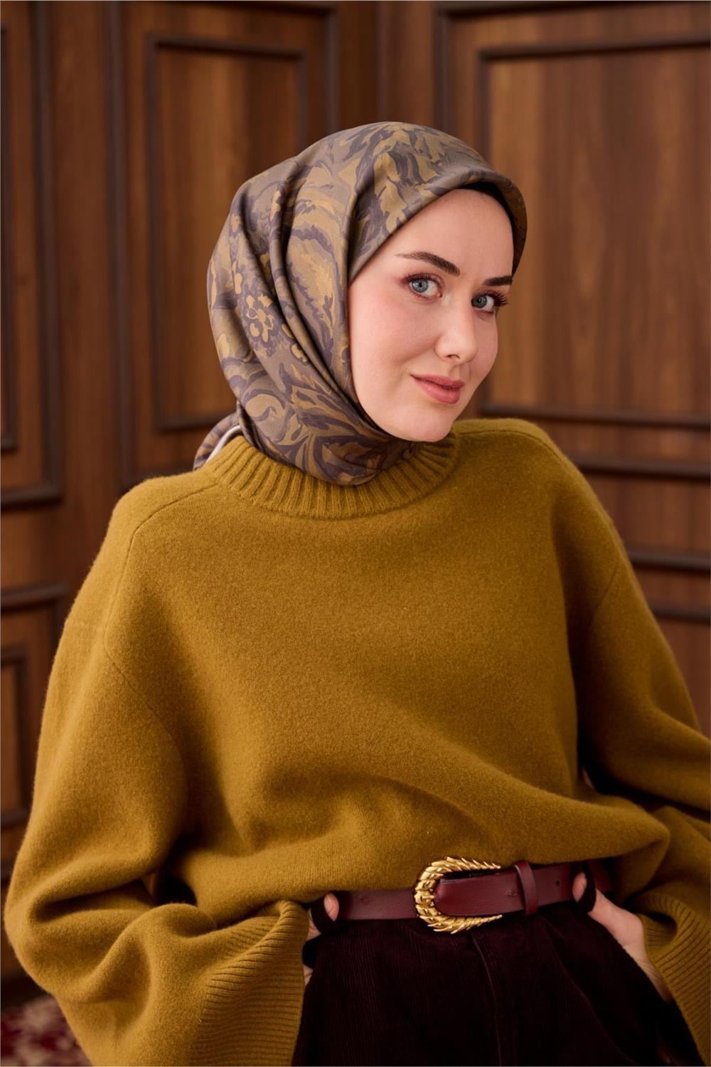 Twill İpek Eşarp Olive-Haki Açık Kahve Desenli Tok Duruşlu 90x90
