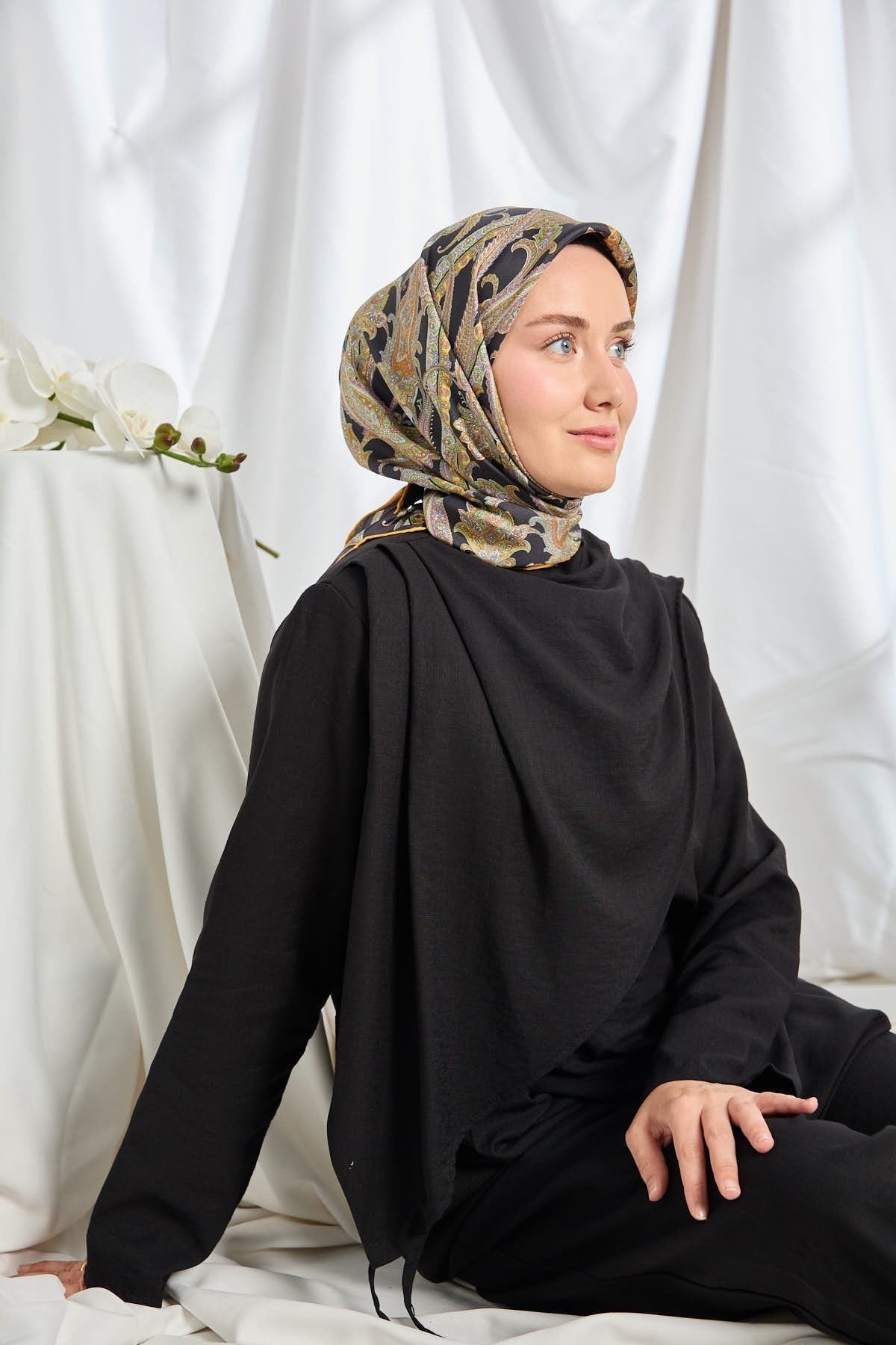 Twill İpek Eşarp Ottoman Paisley Siyah