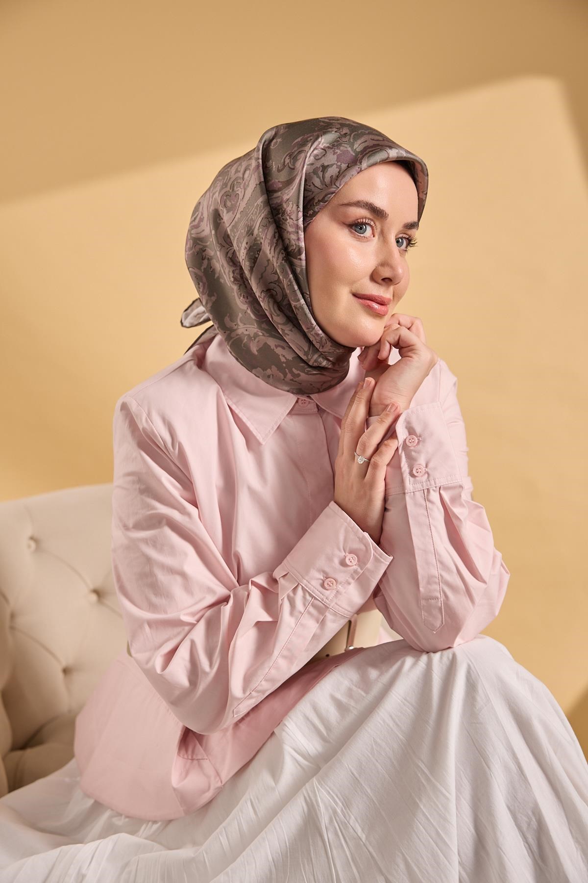 Twill İpek Eşarp Royale Şal Desen Yeşil Gri 90x90