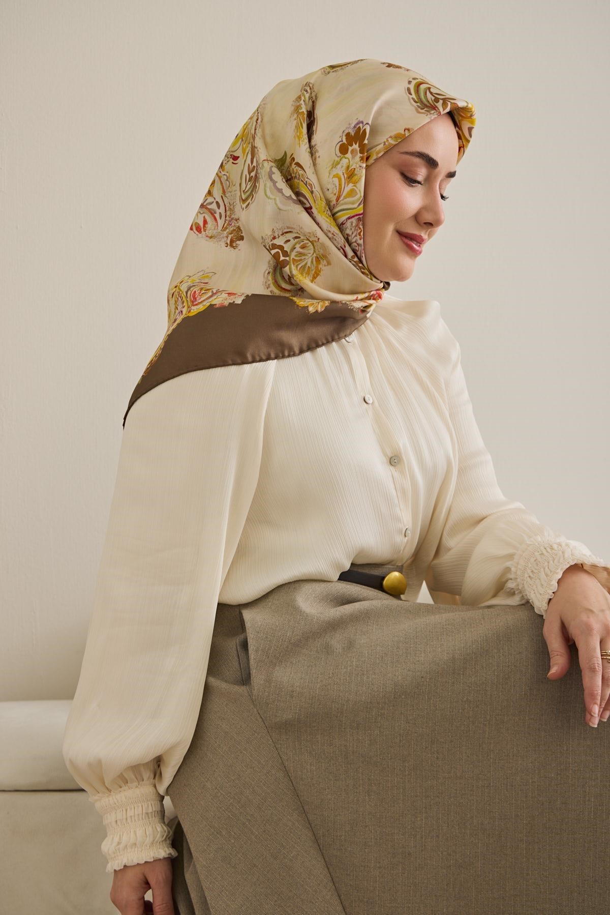 Twill İpek Eşarp Şal Desen Butter Yellow 90x90