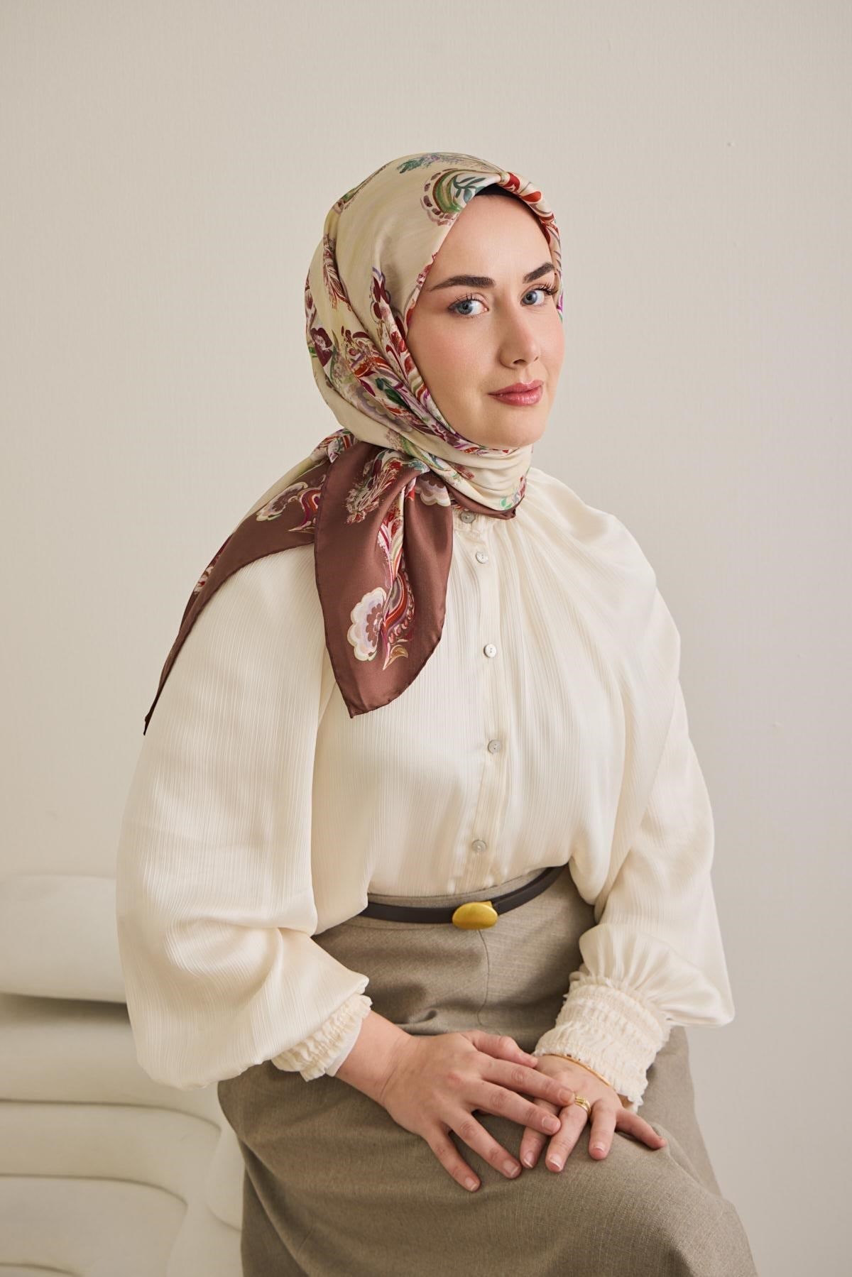 Twill İpek Eşarp Şal Desen Fildişi 90x90