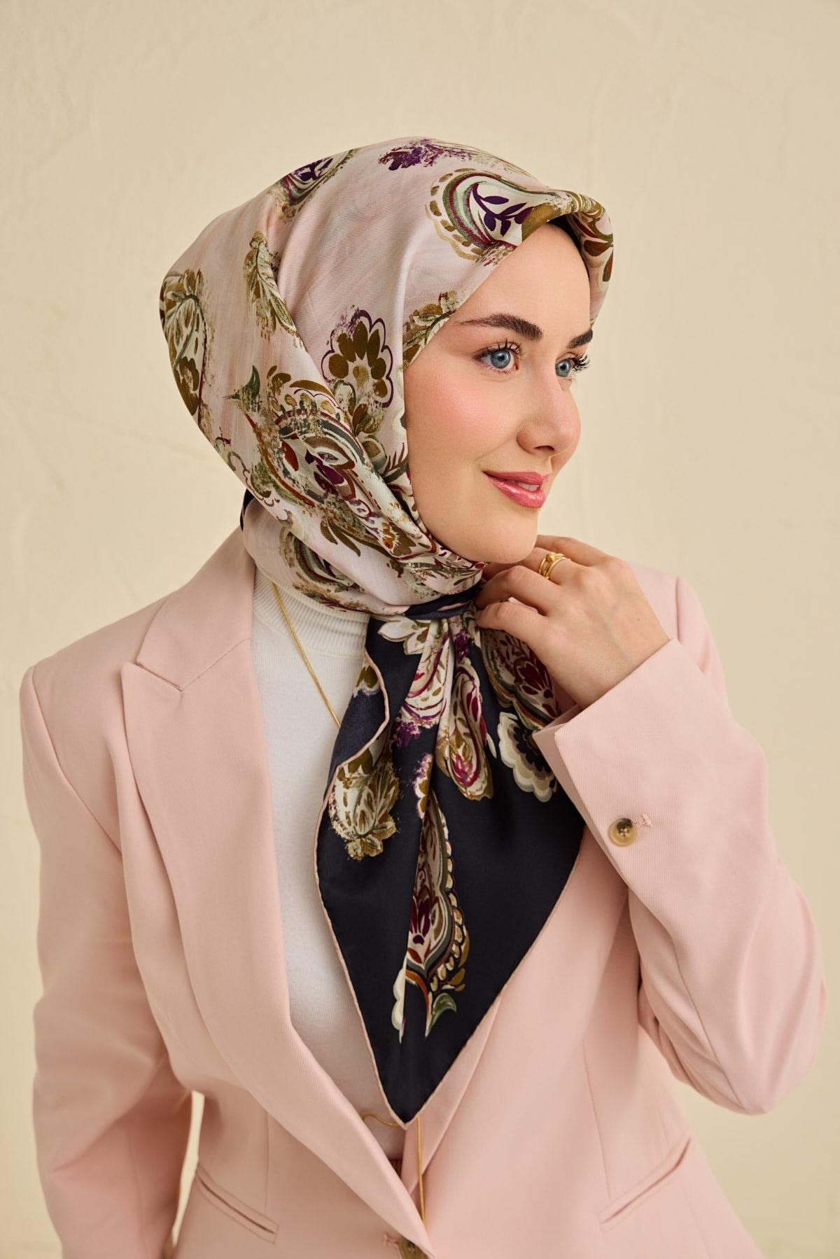 Twill İpek Eşarp Şal Desen Siyah 90x90
