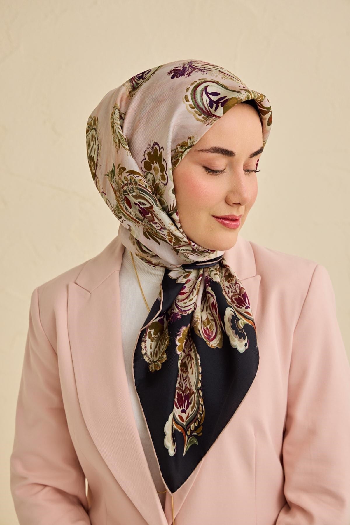 Twill İpek Eşarp Şal Desen Siyah 90x90
