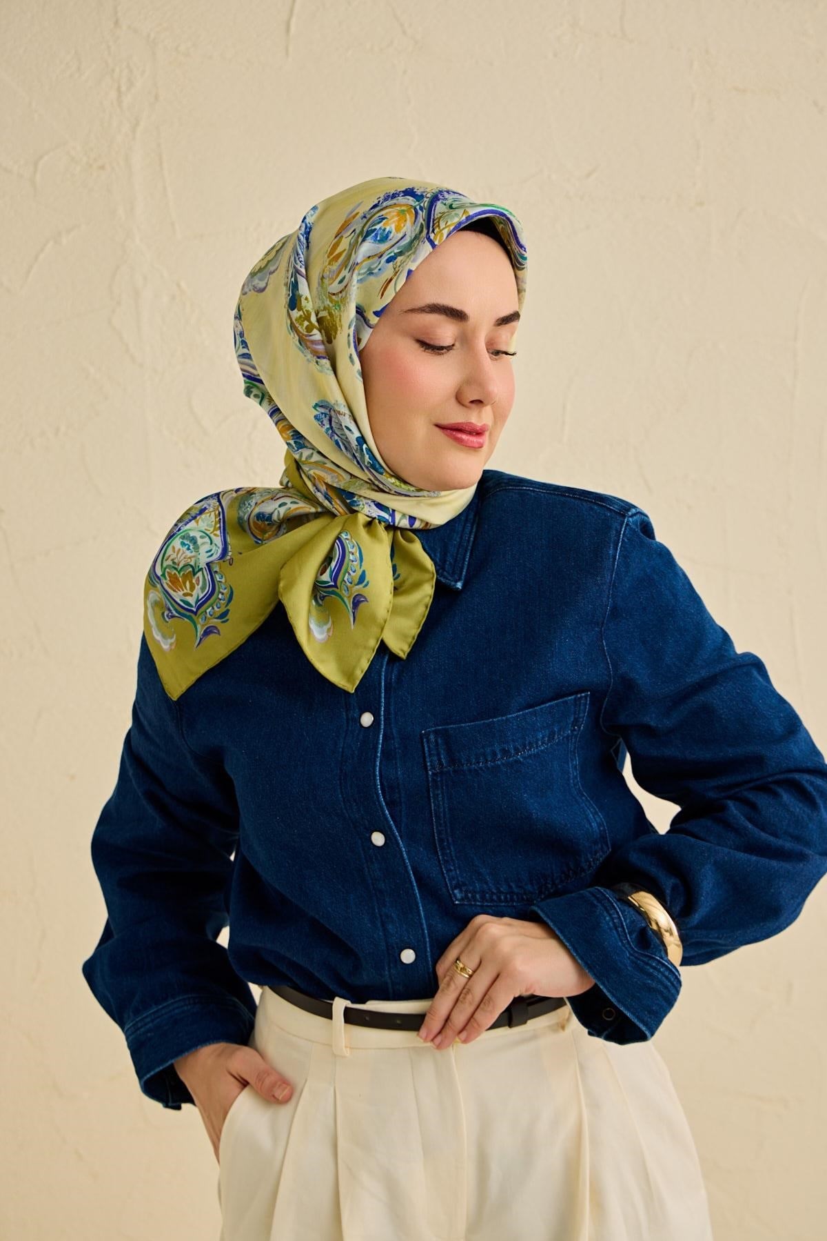 Twill İpek Eşarp Şal Desen Yeşil 90x90