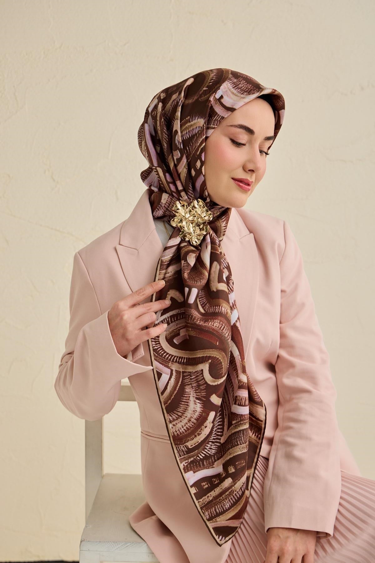 Twill İpek Eşarp Soyut Desen Acı Kahve 90x90