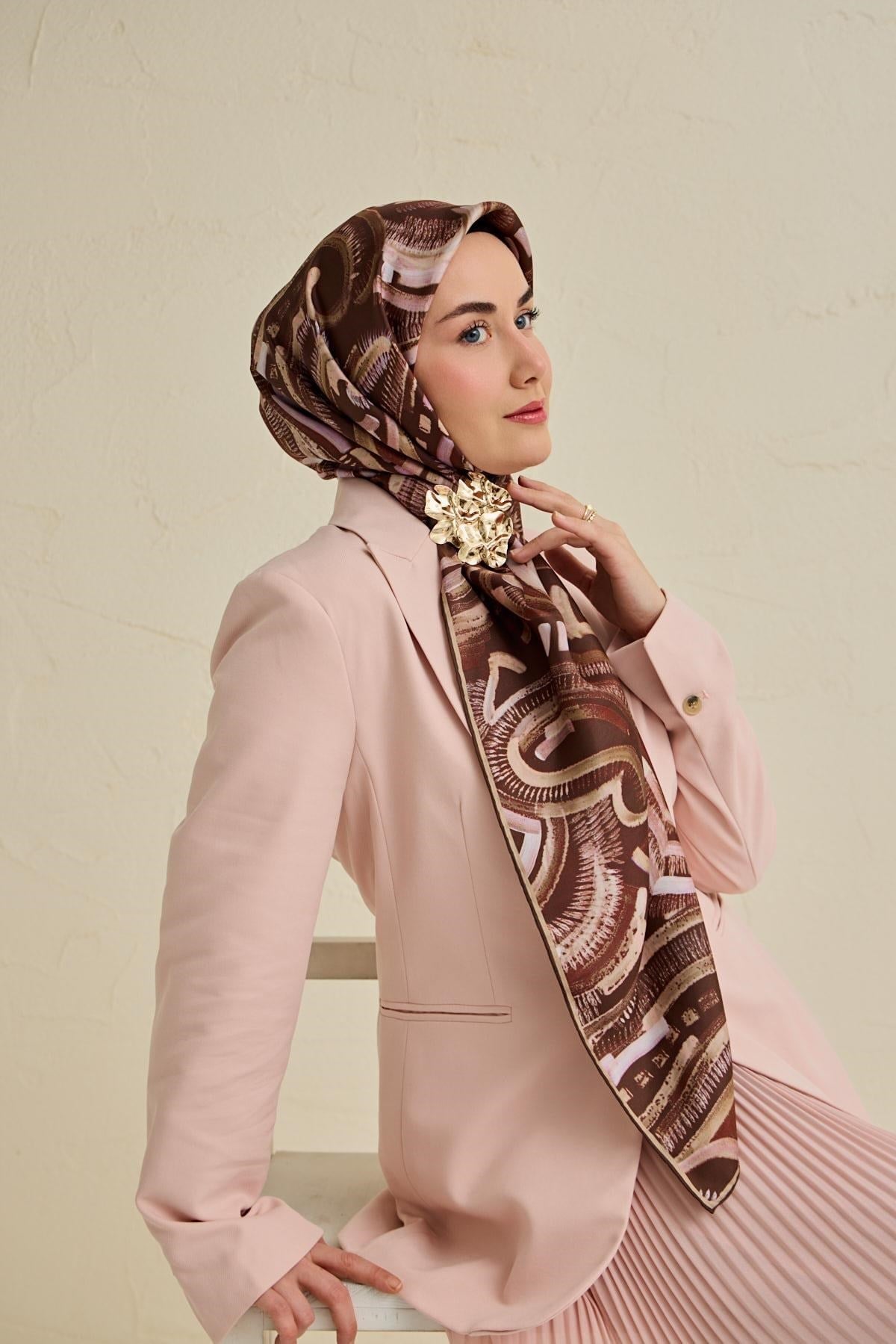 Twill İpek Eşarp Soyut Desen Acı Kahve 90x90