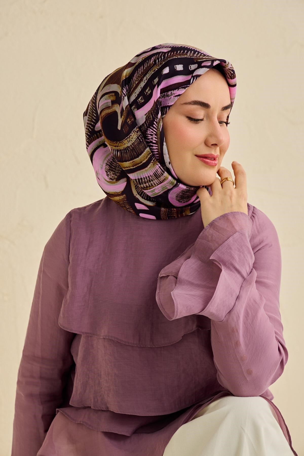 Twill İpek Eşarp Soyut Desen Acı Kahve 90x90