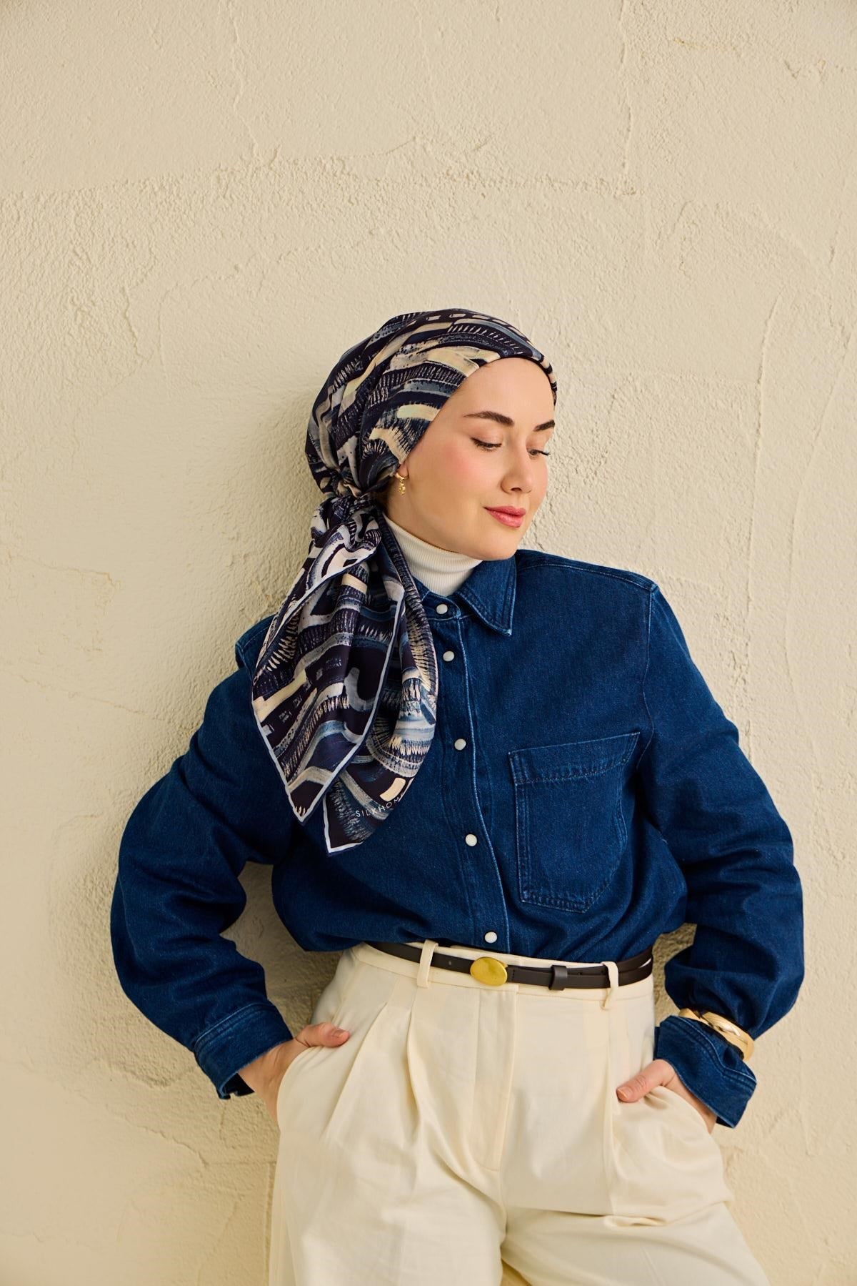 Twill İpek Eşarp Soyut Desen Gece Mavisi 90x90
