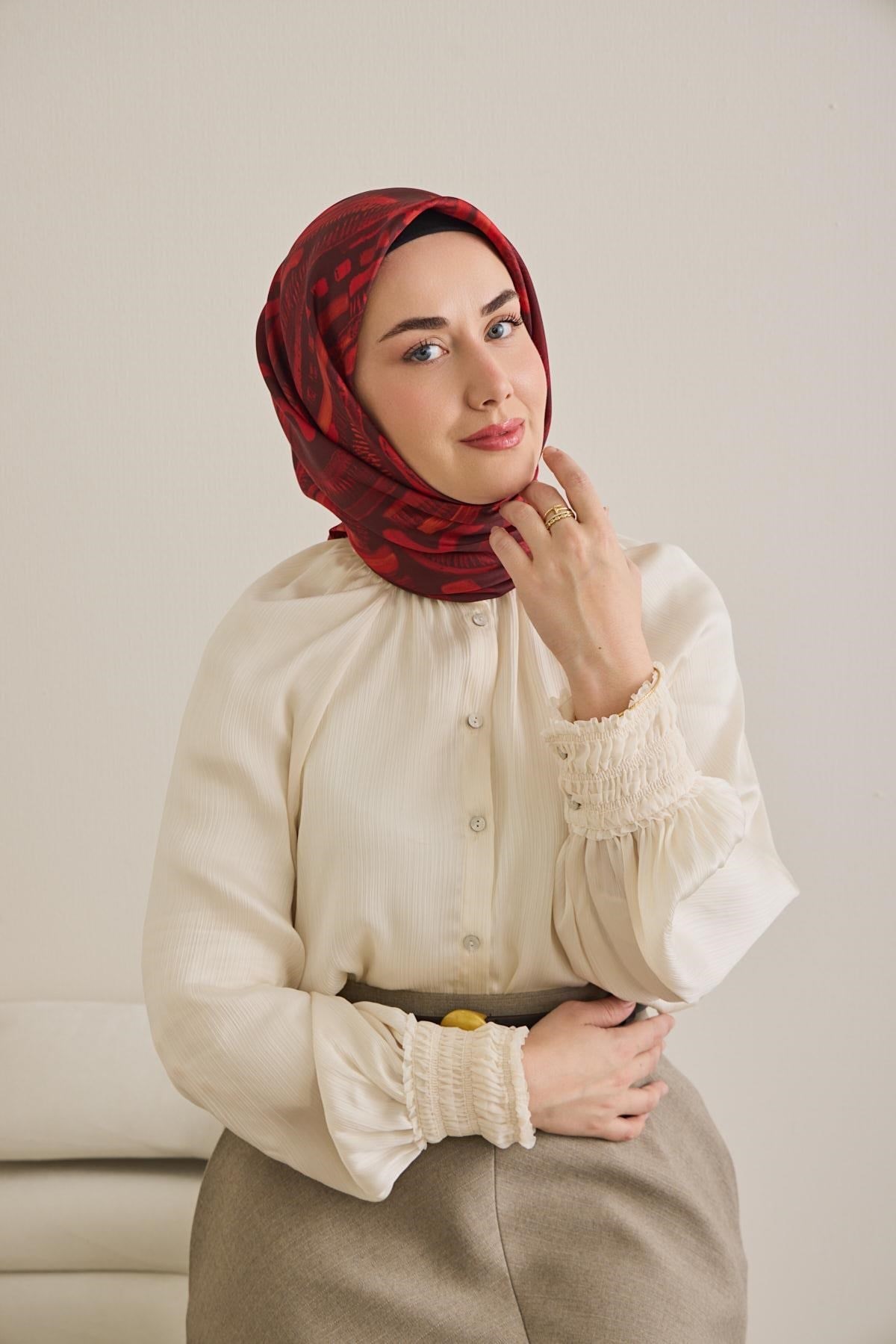 Twill İpek Eşarp Soyut Desen Kırmızı 90x90