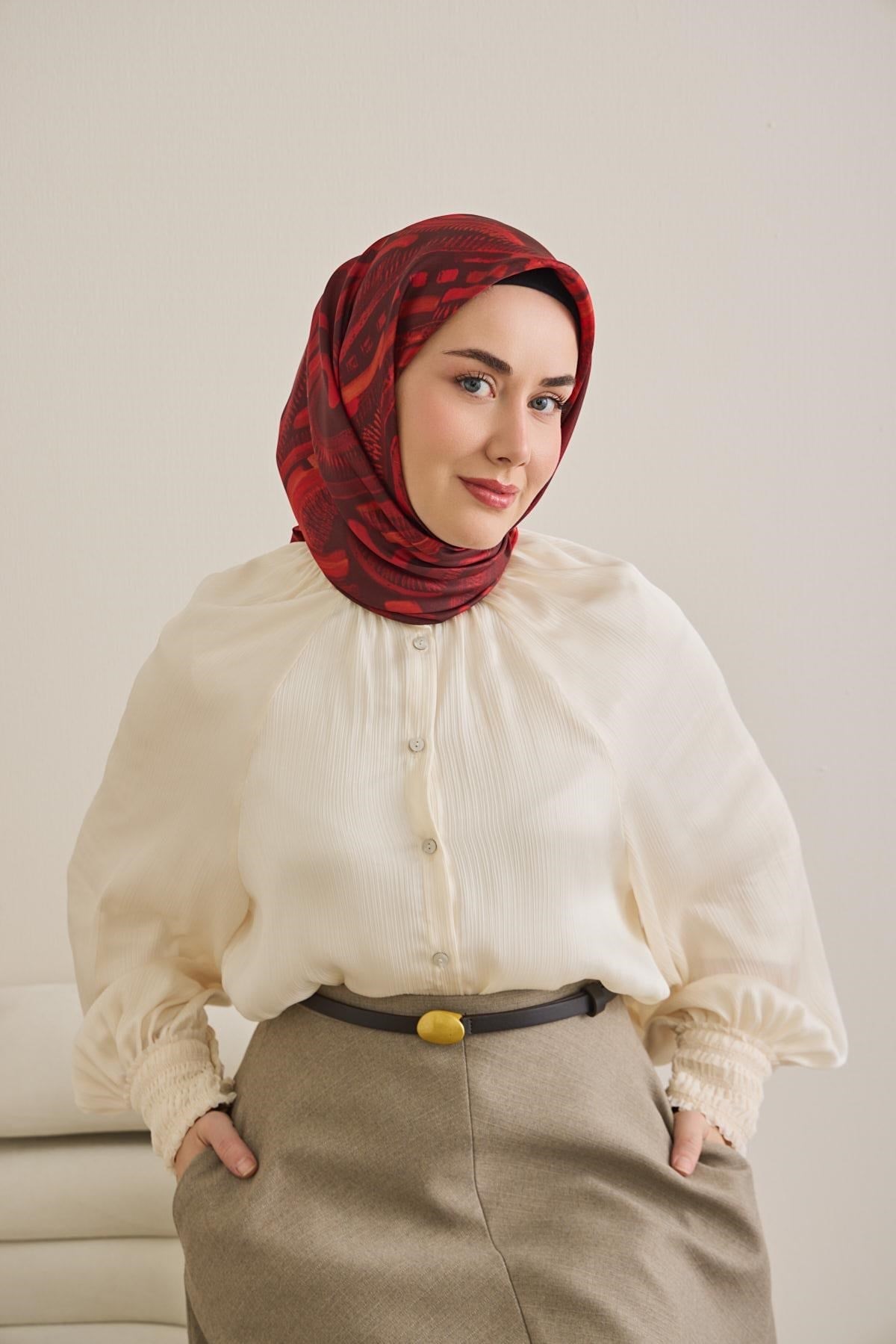 Twill İpek Eşarp Soyut Desen Kırmızı 90x90