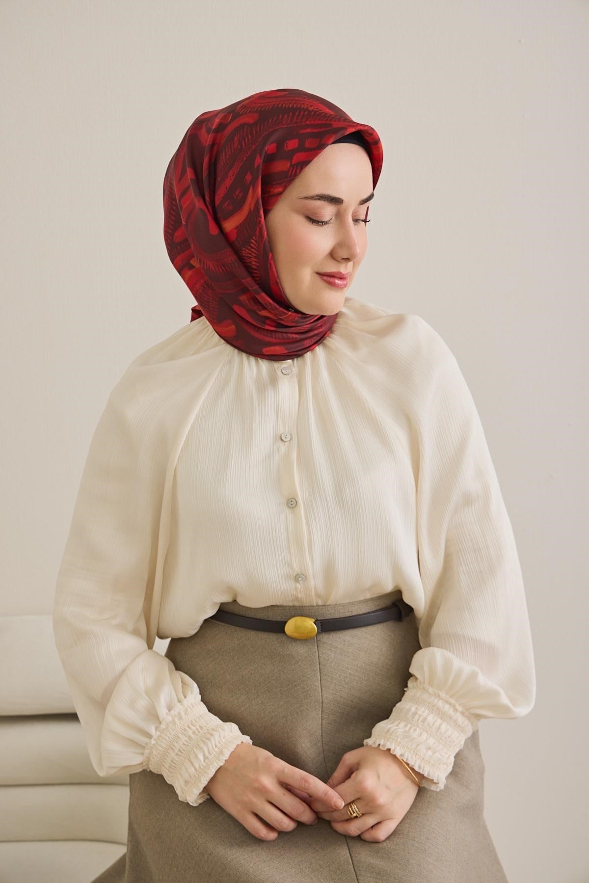 Twill İpek Eşarp Soyut Desen Kırmızı 90x90