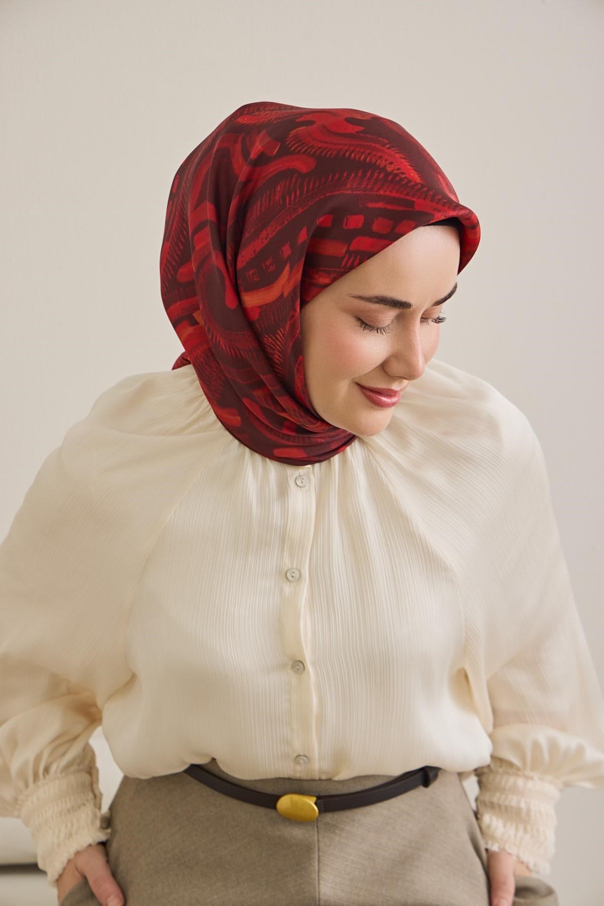 Twill İpek Eşarp Soyut Desen Kırmızı 90x90