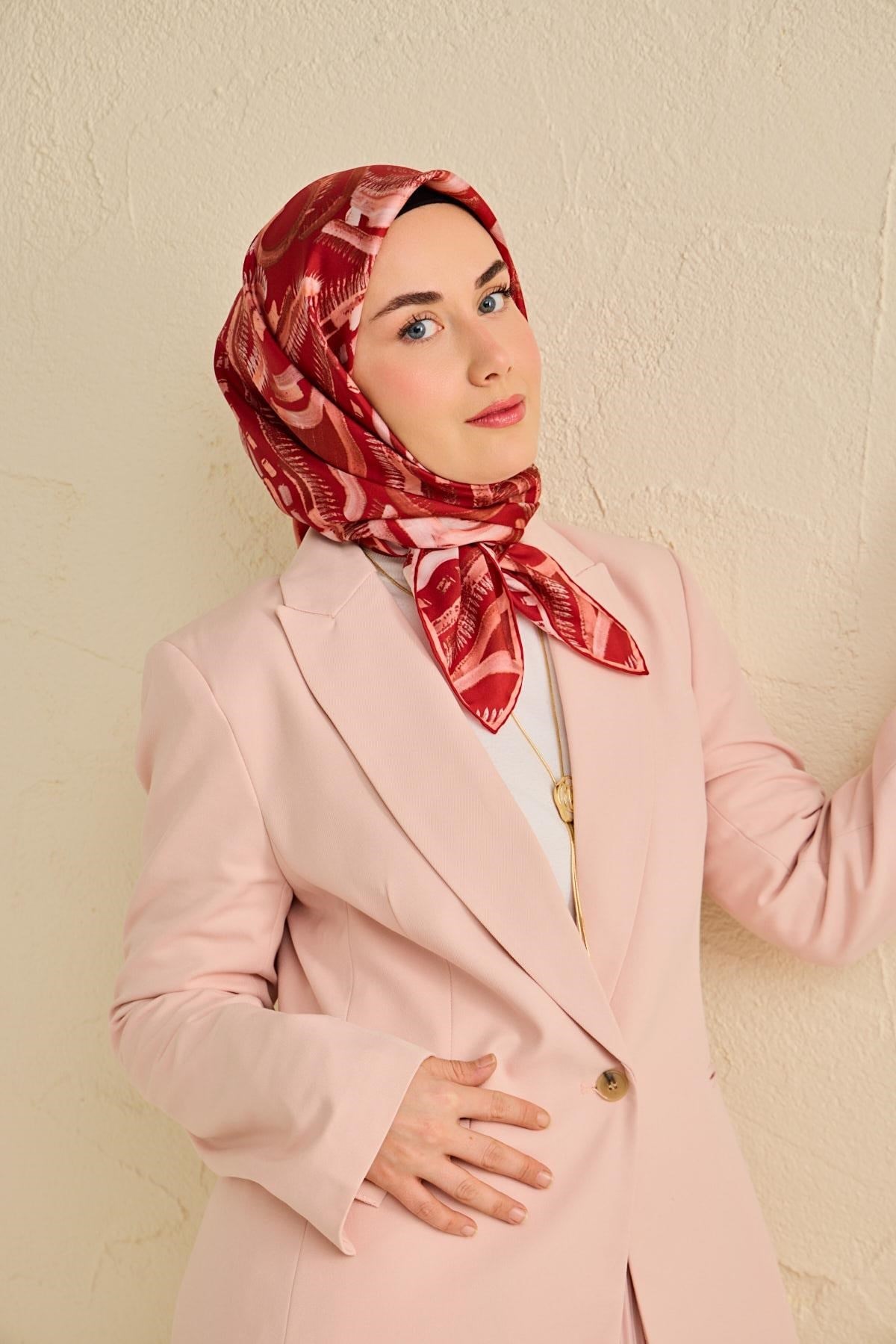 Twill İpek Eşarp Soyut Desen Koyu Kırmızı 90x90