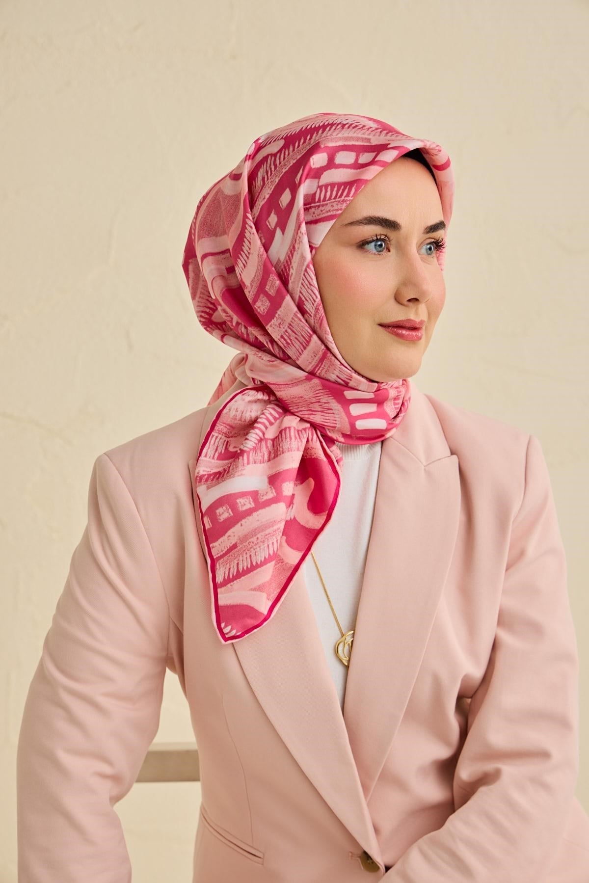 Twill İpek Eşarp Soyut Desen Pembe 90x90