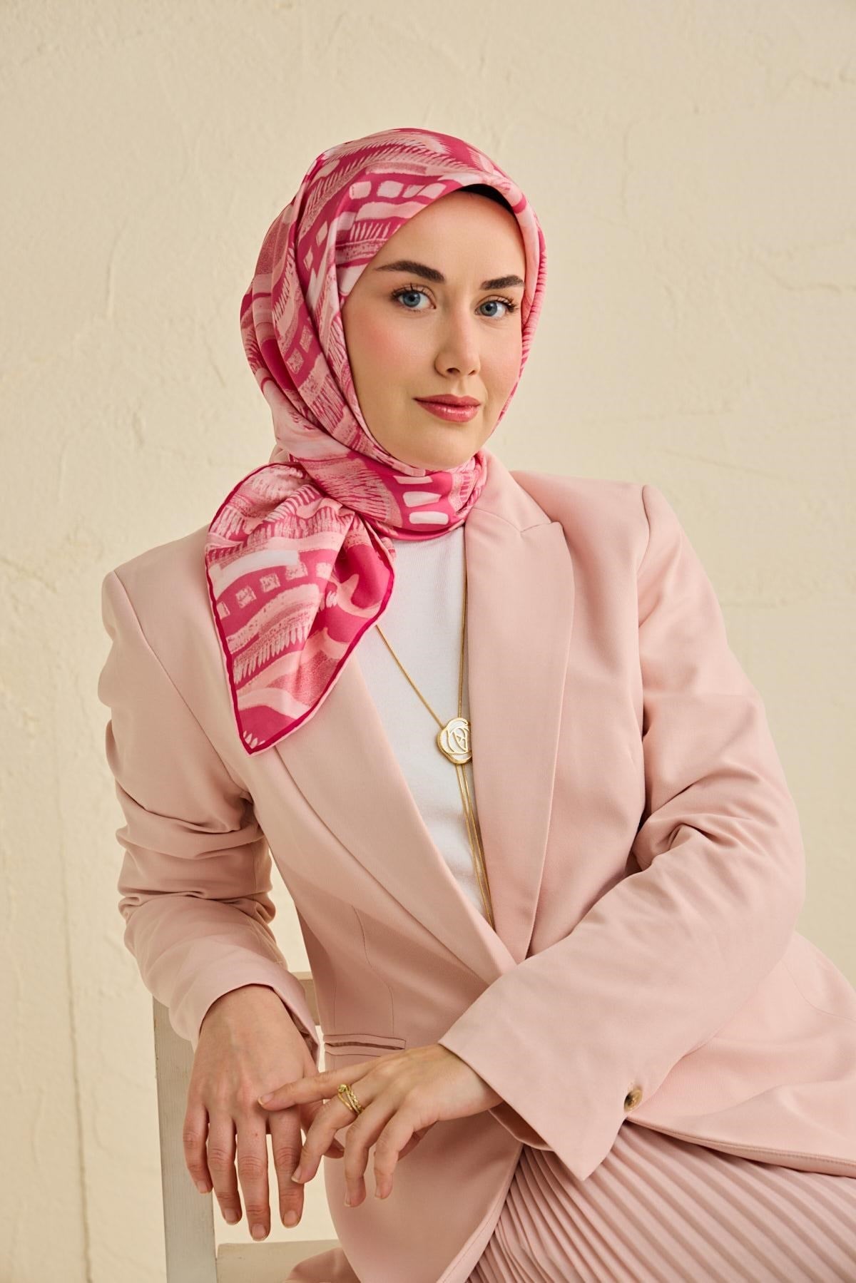 Twill İpek Eşarp Soyut Desen Pembe 90x90