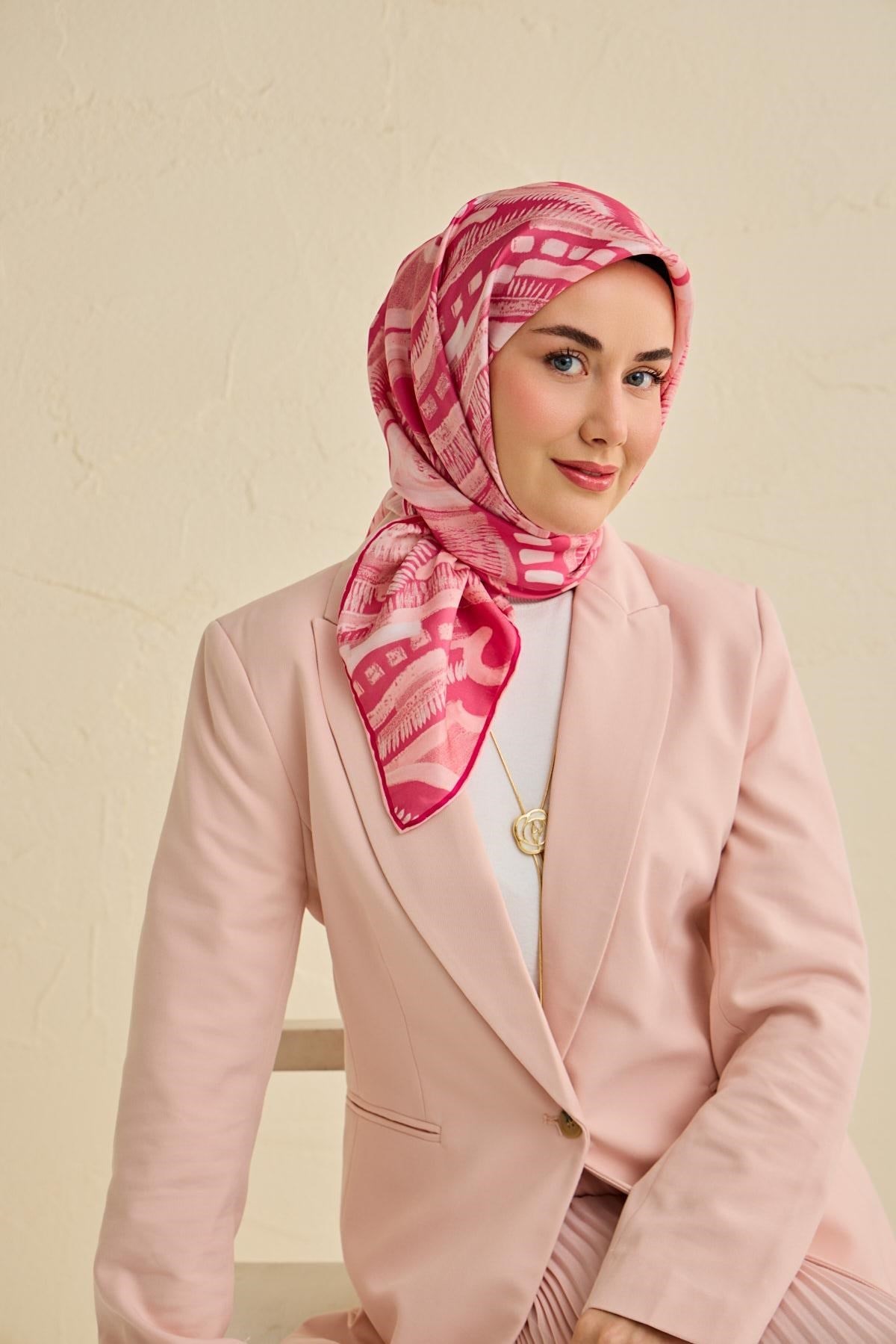 Twill İpek Eşarp Soyut Desen Pembe 90x90