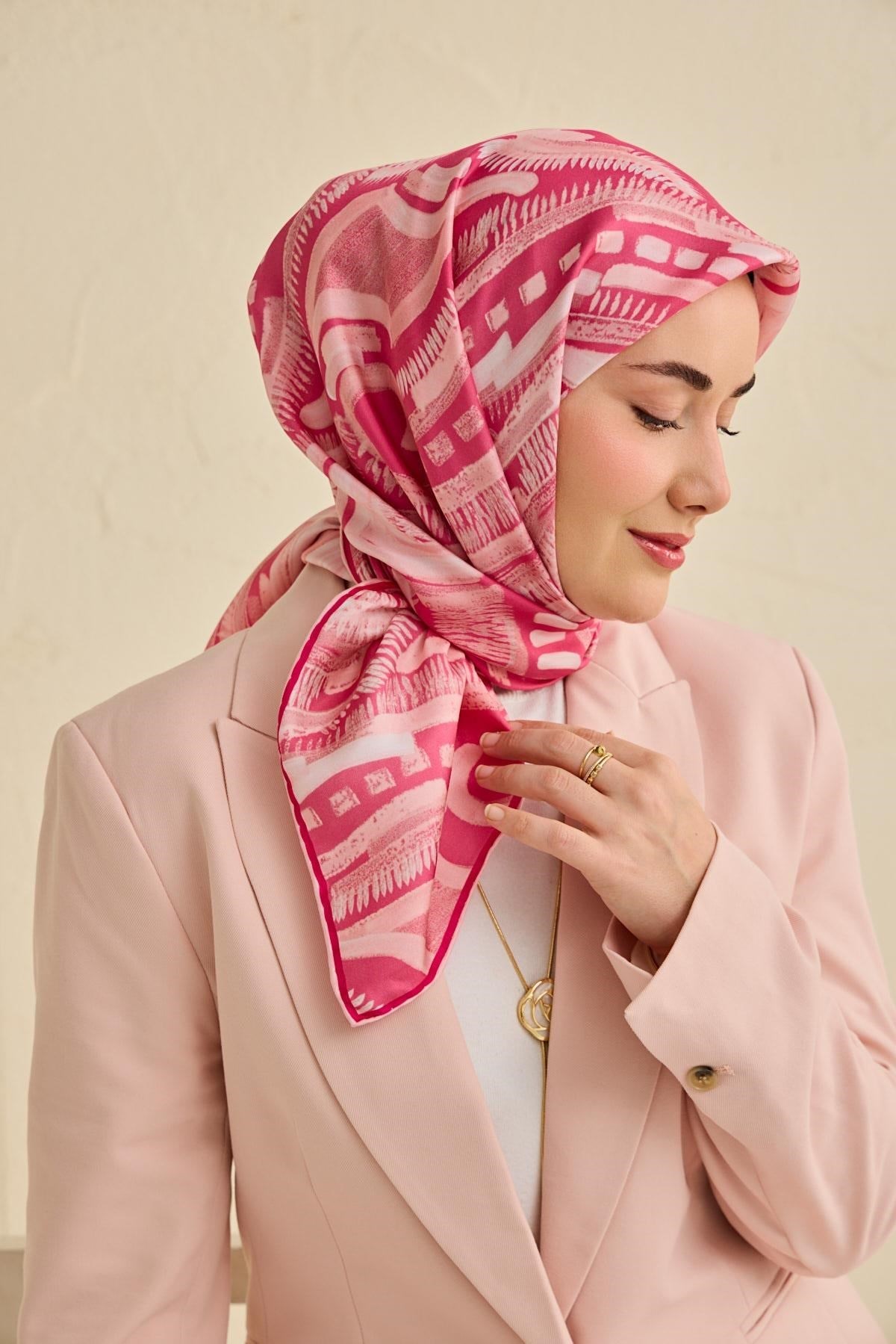 Twill İpek Eşarp Soyut Desen Pembe 90x90