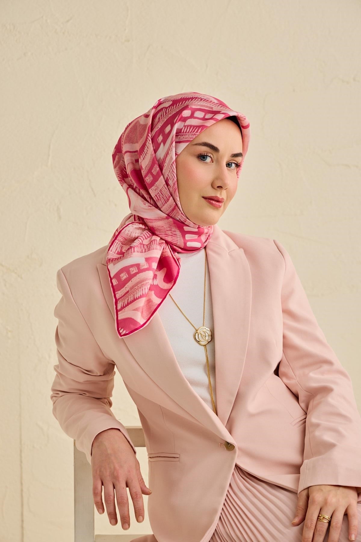 Twill İpek Eşarp Soyut Desen Pembe 90x90