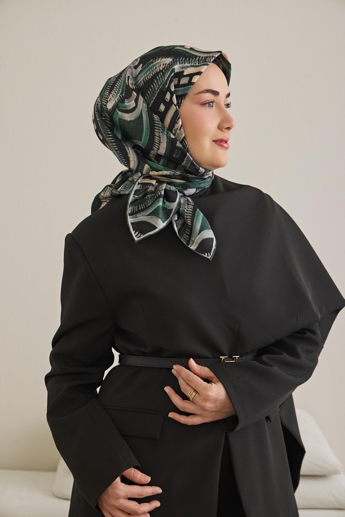 Twill İpek Eşarp Soyut Desen Zümrüt Yeşili 90x90