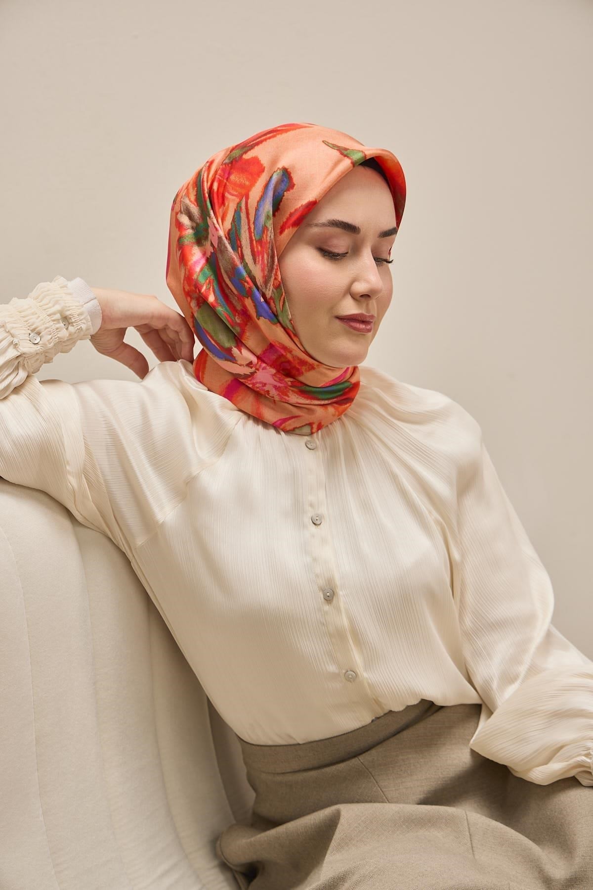 Twill İpek Eşarp Sulu Boya Somon 90x90