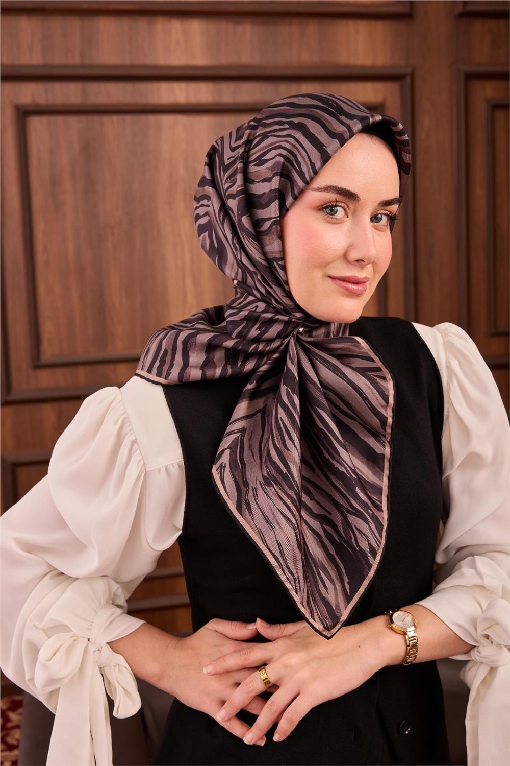 Twill İpek Eşarp Vizon Siyah Koyu Vizon Dalga Desenli Tok Duruşlu 90x90