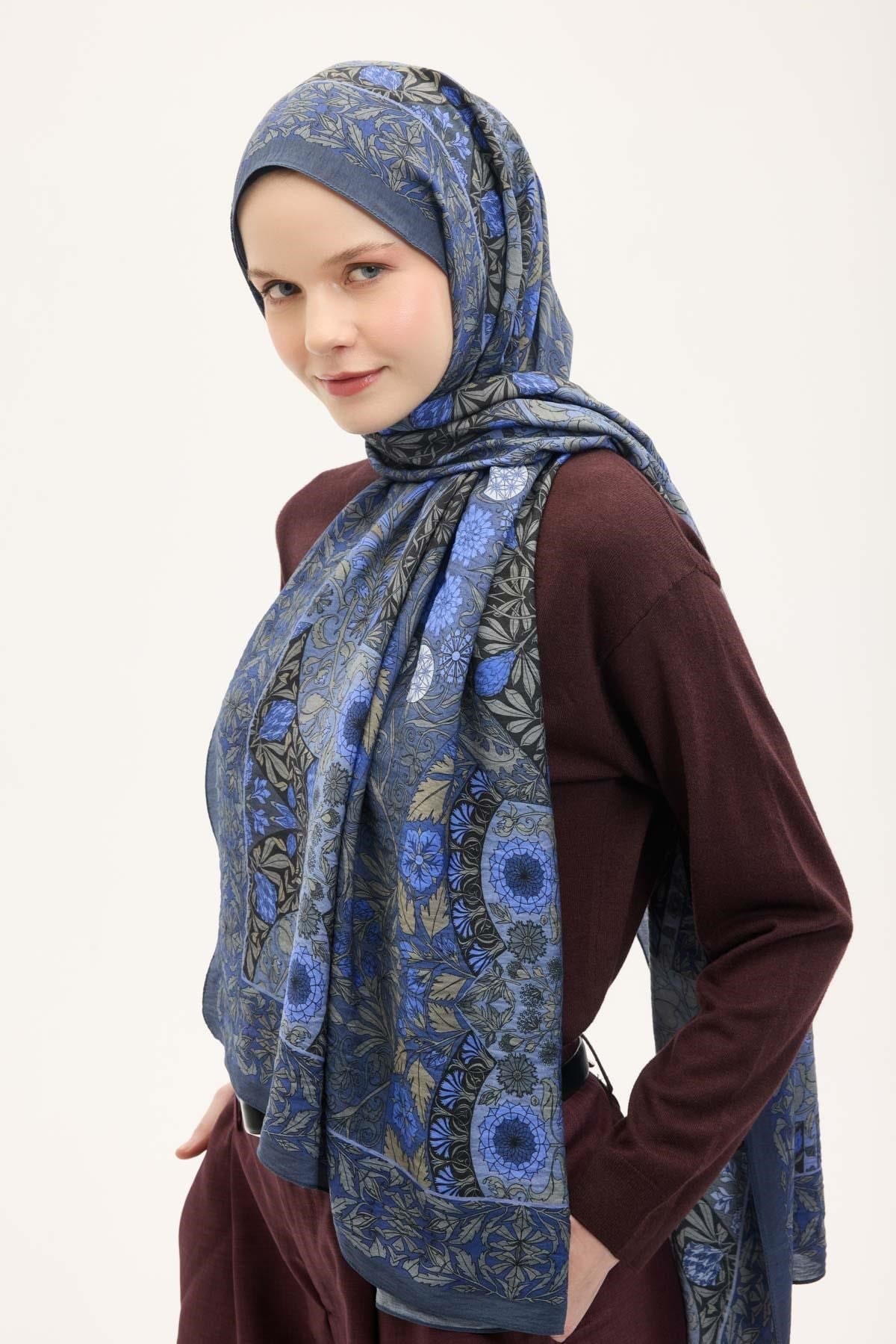 Urban Hours Floral Motif Desen Indigo Mayda Şal 190x70