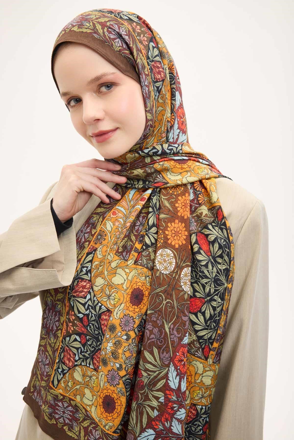 Urban Hours Floral Motif Desen Koyu Acı Kahve Mayda Şal 190x70
