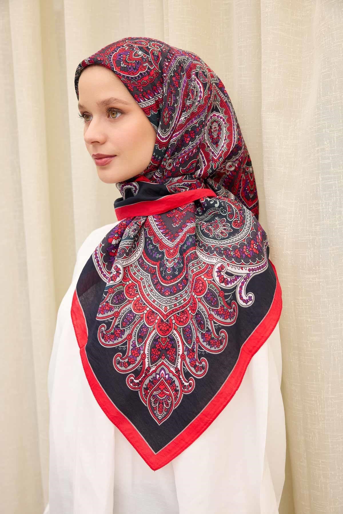 Velora Eşarp Ethnic Siyah - Kırmızı 90x90