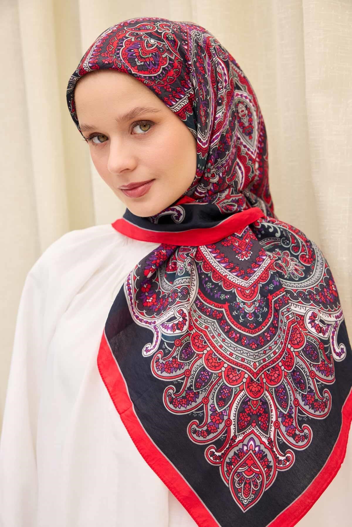 Velora Eşarp Ethnic Siyah - Kırmızı 90x90