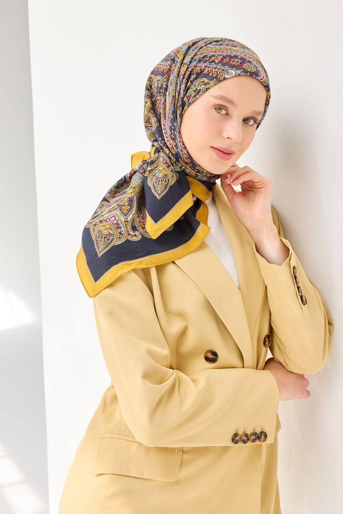 Velora Eşarp Ethnic Siyah - Sarı 90x90