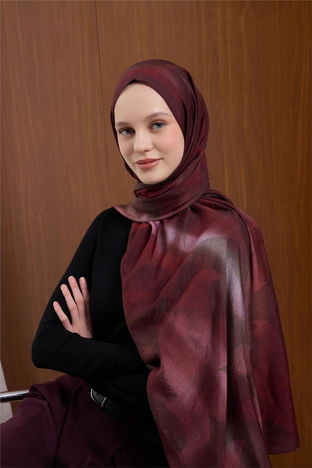 Viskon Mayda Şal Bordo-Pembe Dalga Desenli Tok Duruşlu 190x70