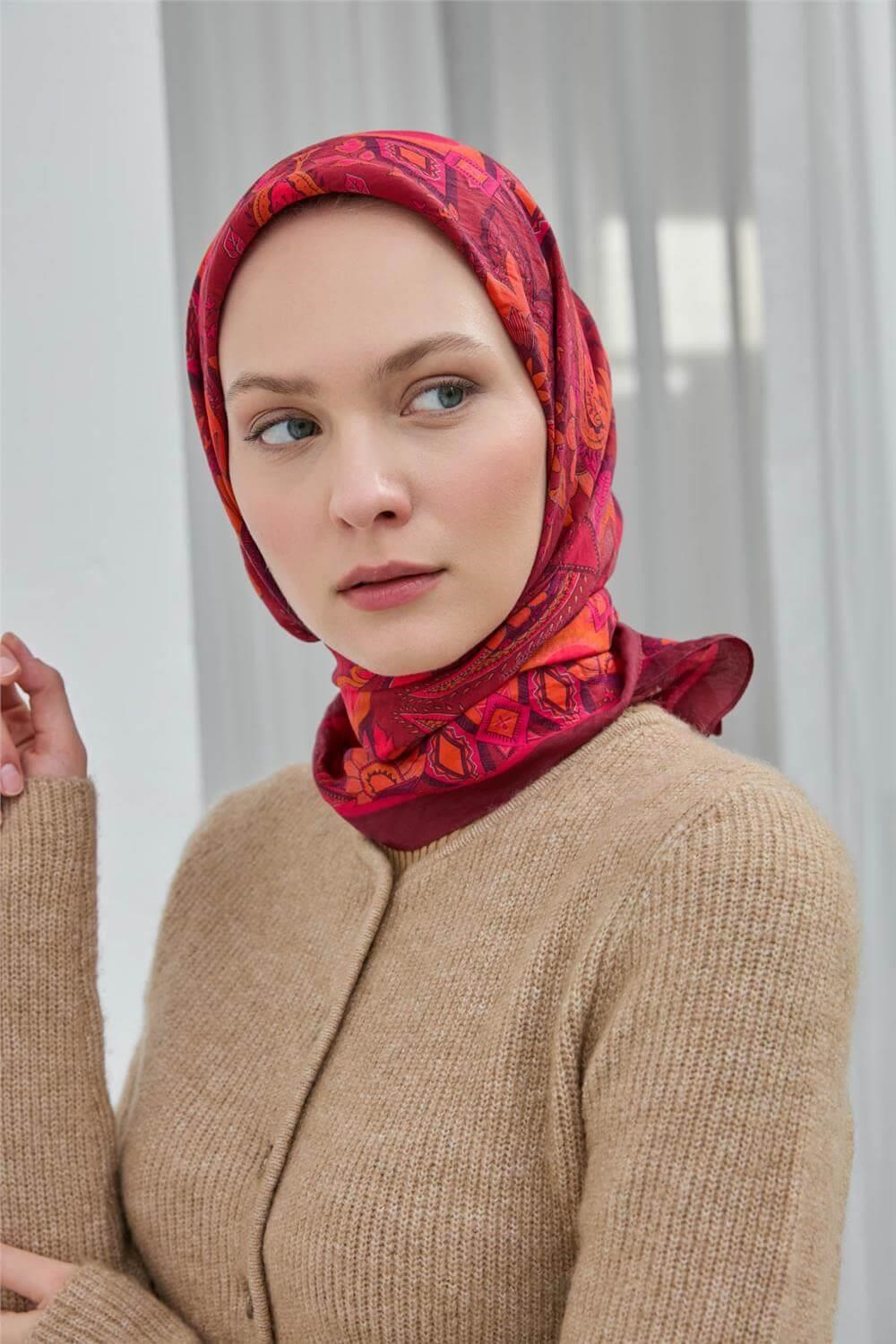 Viskon Velora Eşarp Bordo Desenli Tok Duruşlu Dört Mevsim 90x90