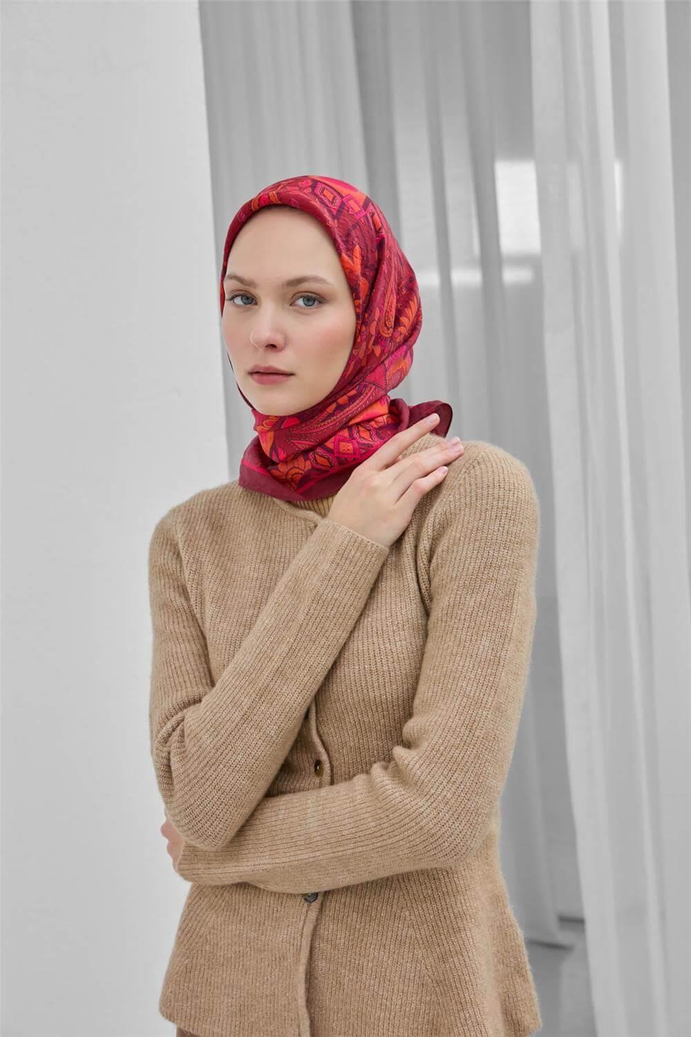 Viskon Velora Eşarp Bordo Desenli Tok Duruşlu Dört Mevsim 90x90