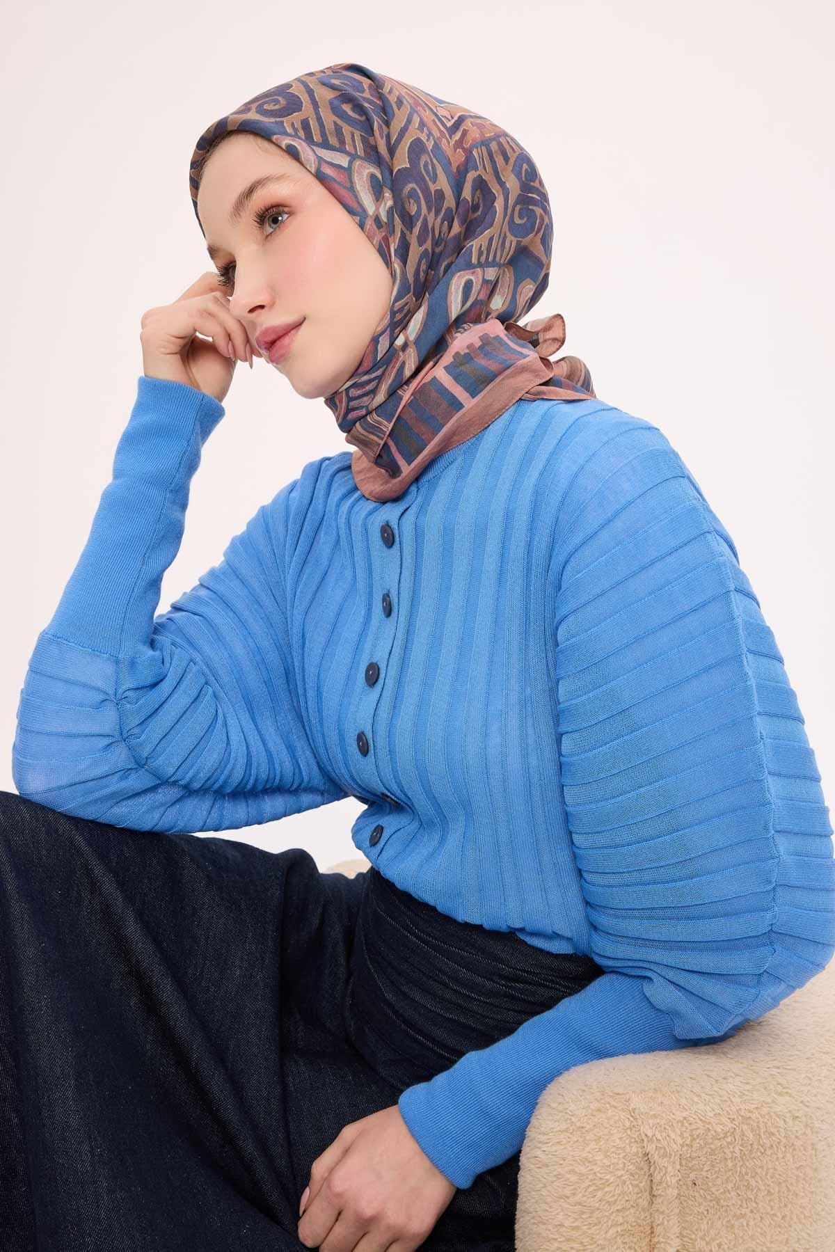 Viskon Velora Eşarp Dört Mevsim Antik Motif Desen Indigo 90X90