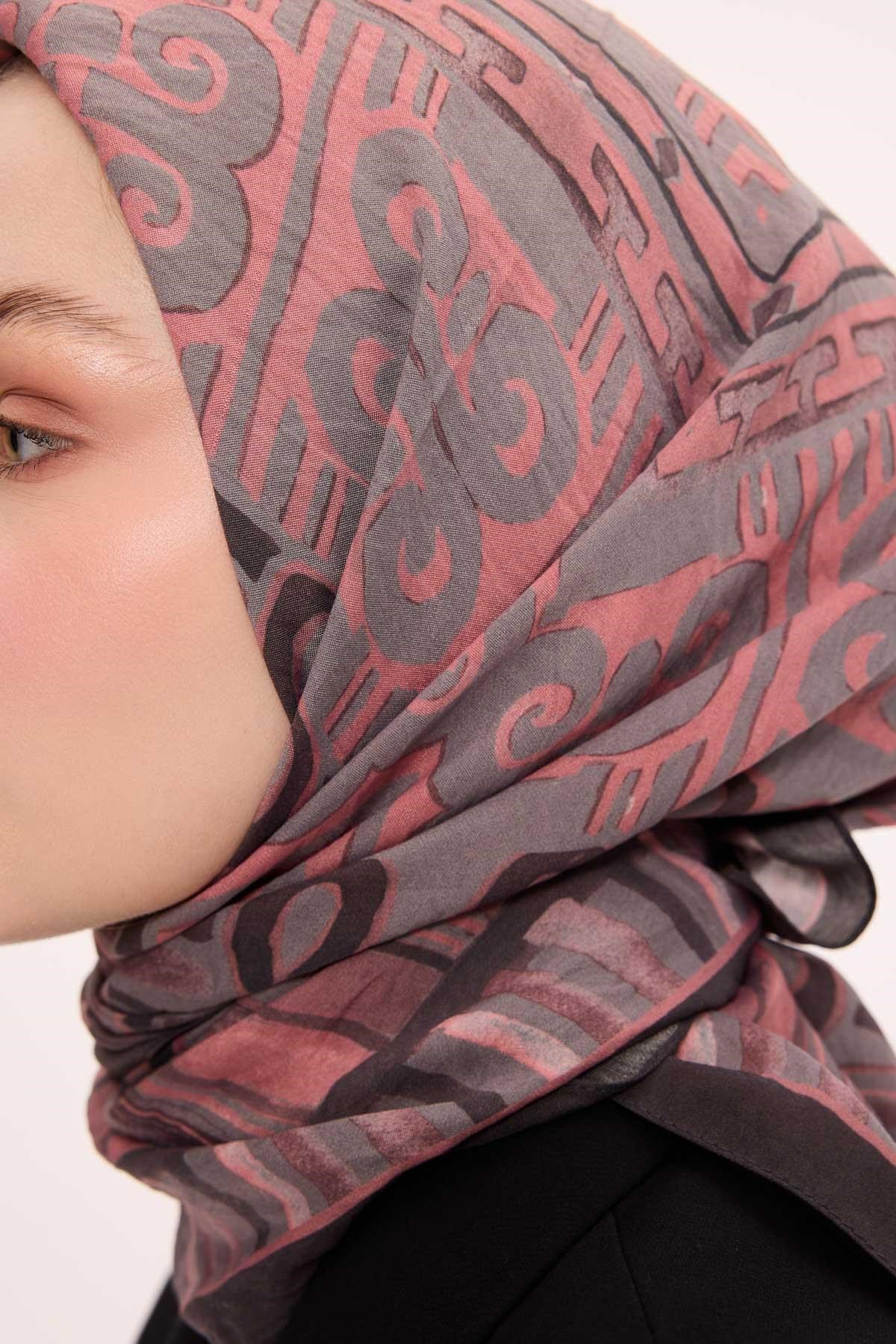 Viskon Velora Eşarp Dört Mevsim Antik Motif Desen Koyu Gri 90X90